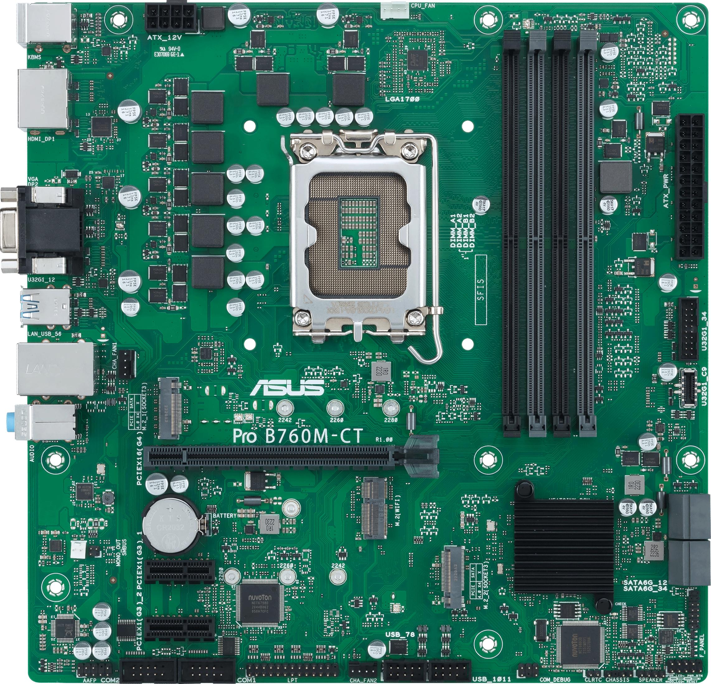Scheda madre verde con socket CPU, slot RAM e connettori.