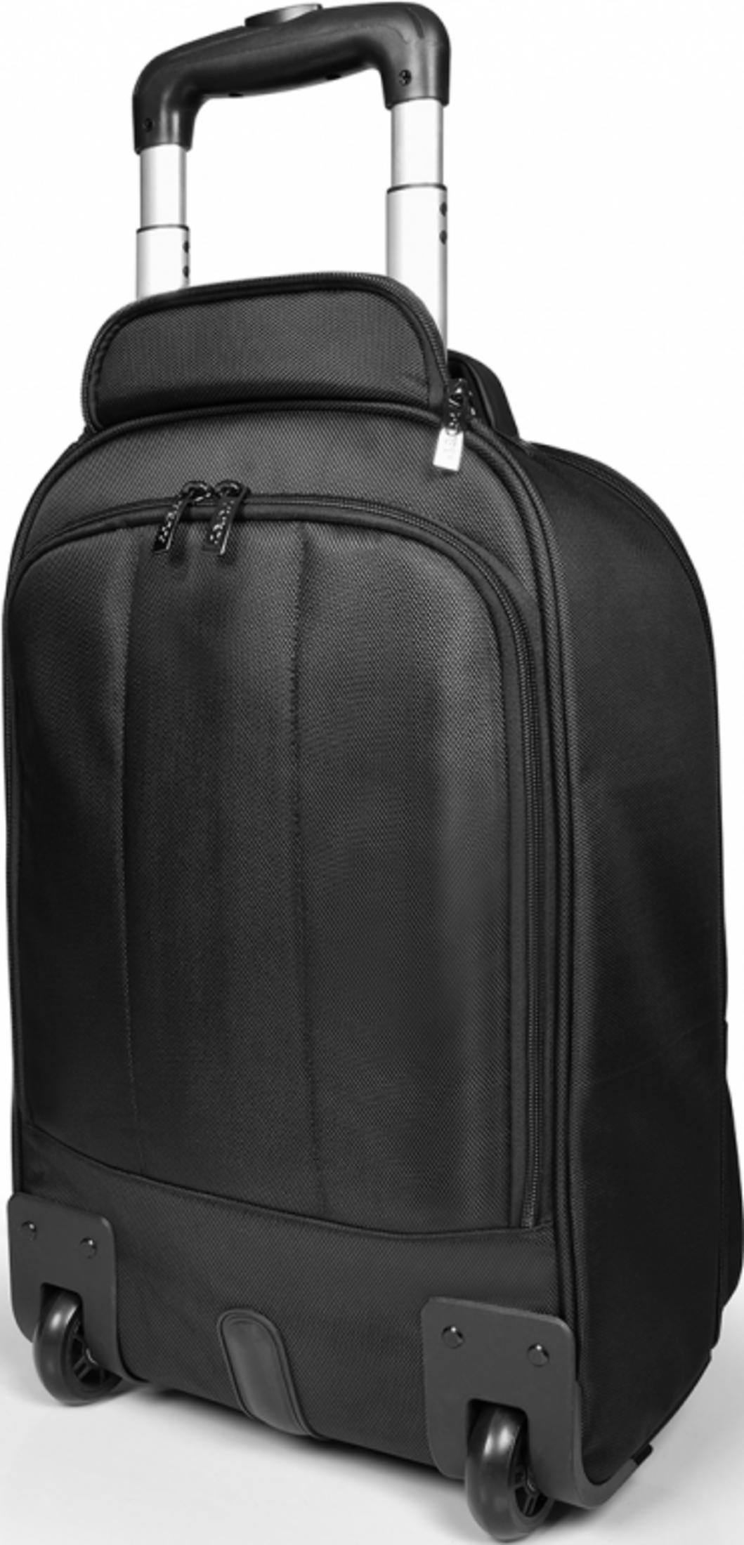 Schwarzer Rollkoffer mit ausziehbarem Griff und Rädern.