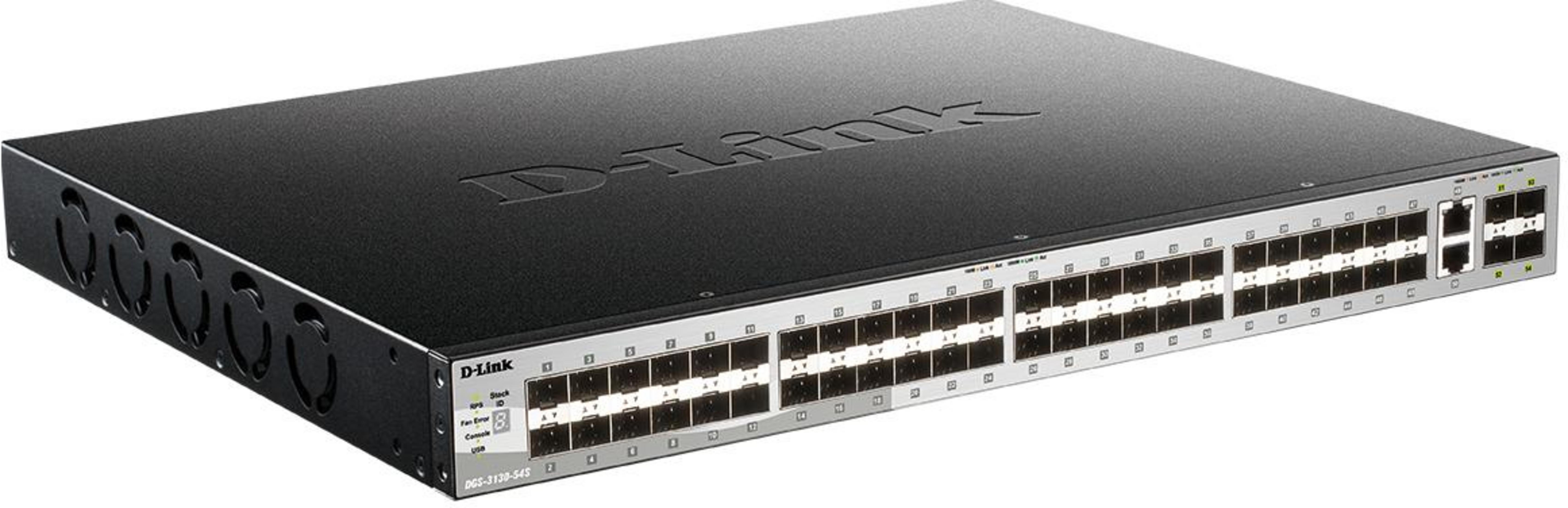 Uno switch di rete D-Link nero con molte porte e indicatori di stato.