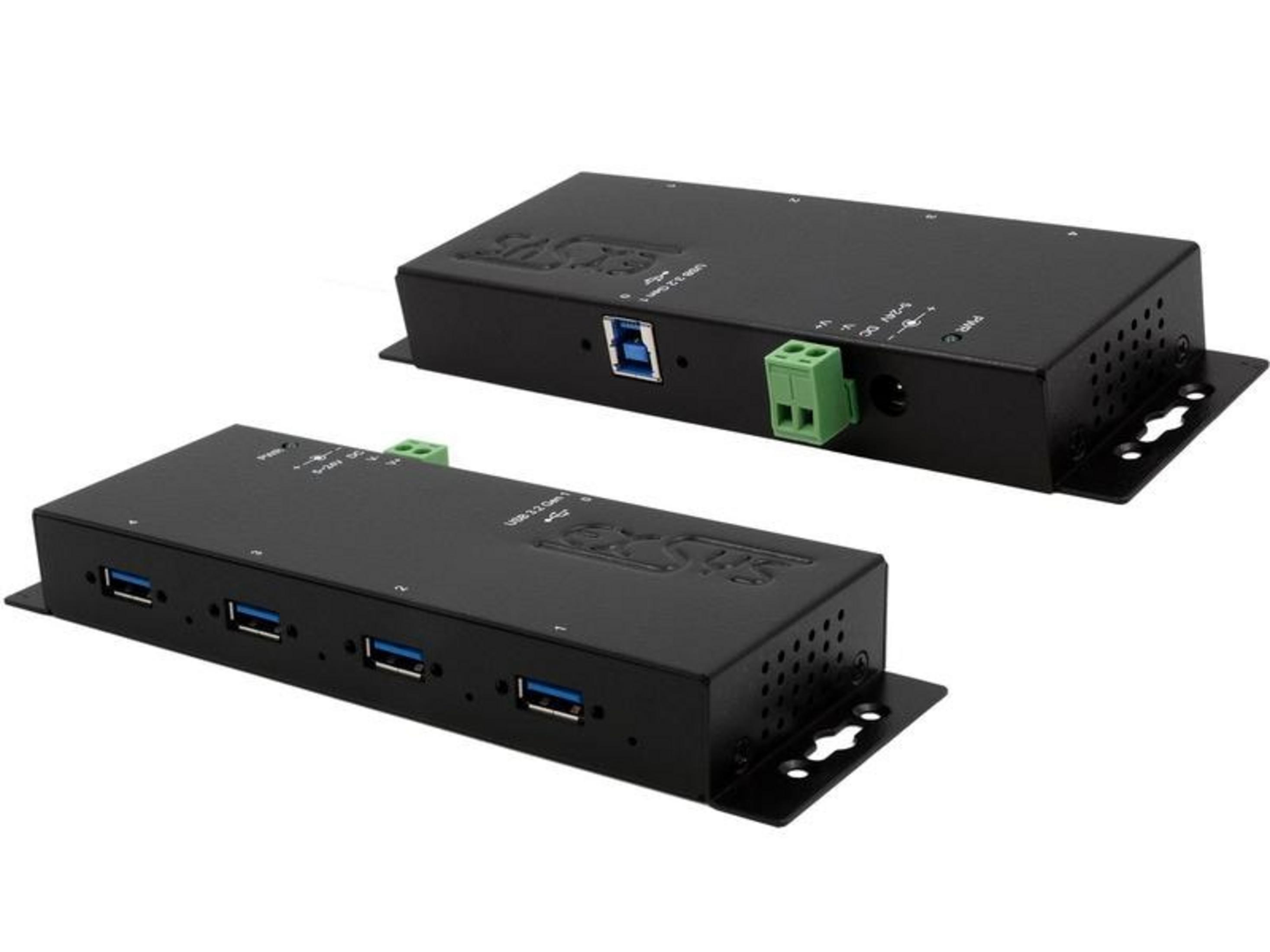 Due hub USB neri con porte e connessione di alimentazione.