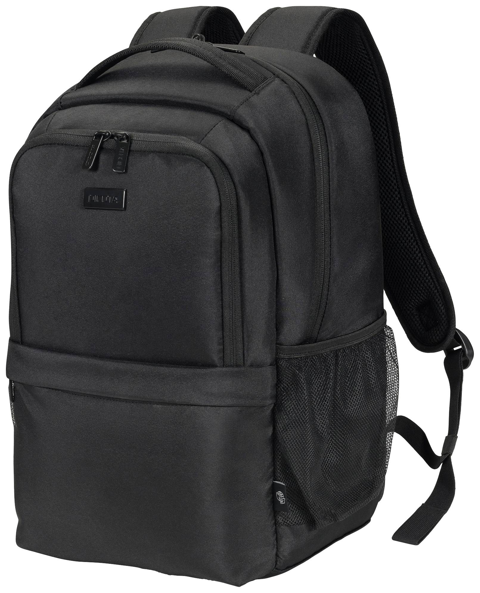 Uno zaino nero con più scomparti e tasche laterali in rete.