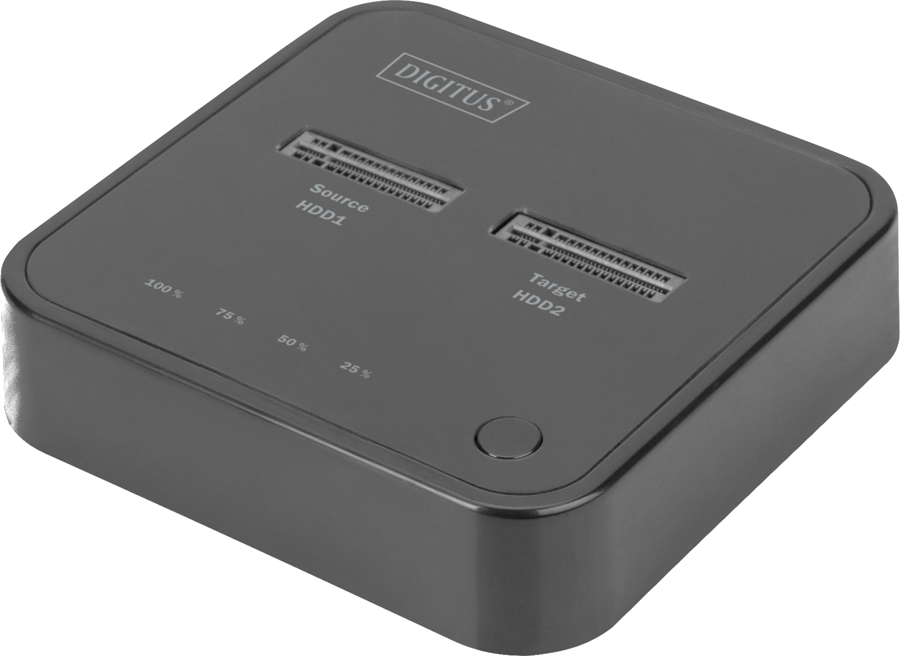 Zwarte Digitus HDD-duplicator met poorten voor Source HDD1 en Target HDD2.
