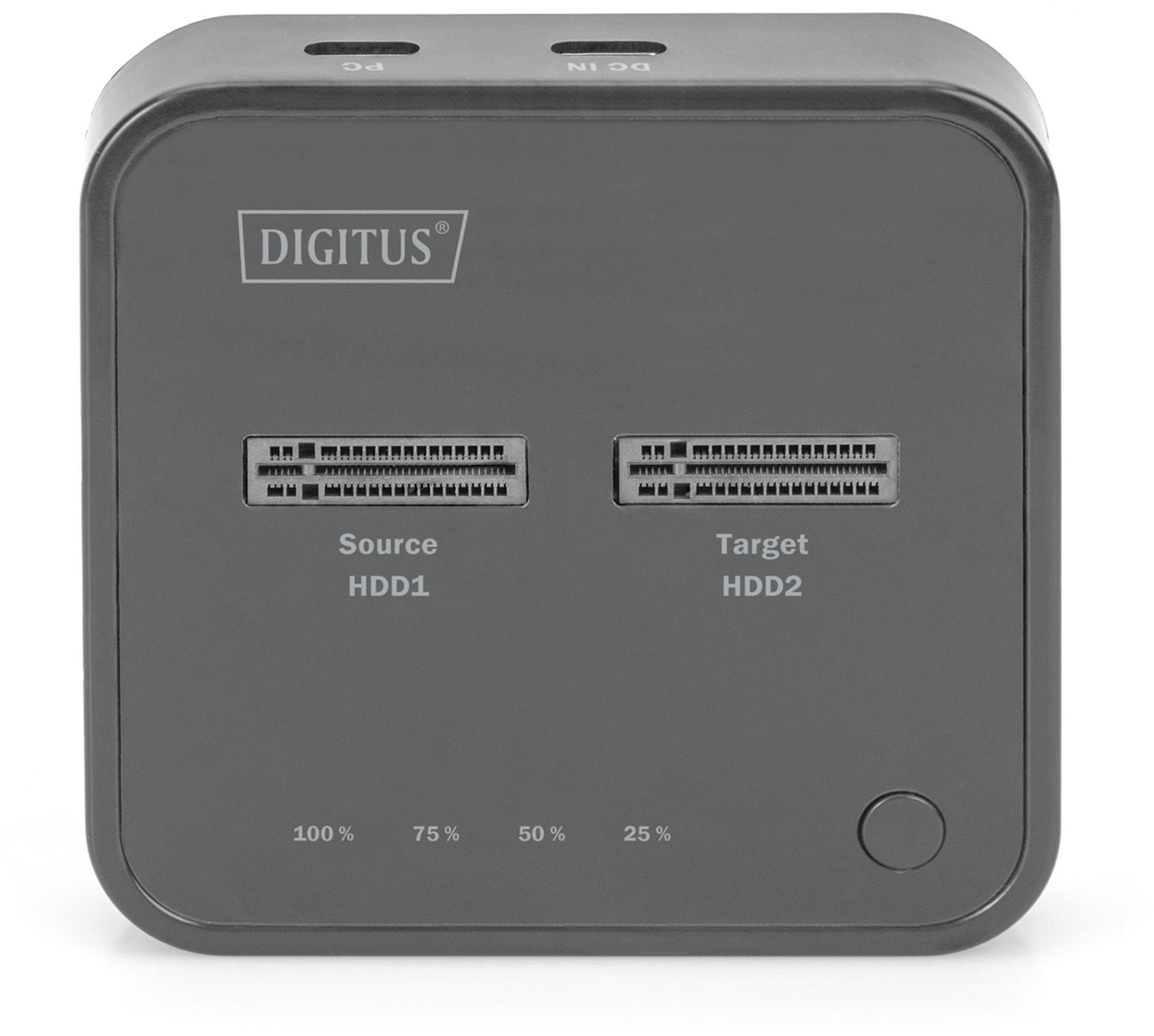 Grijze DIGITUS kloonapparaat met bron- en doel-HDD-poorten, procentuele indicatoren.