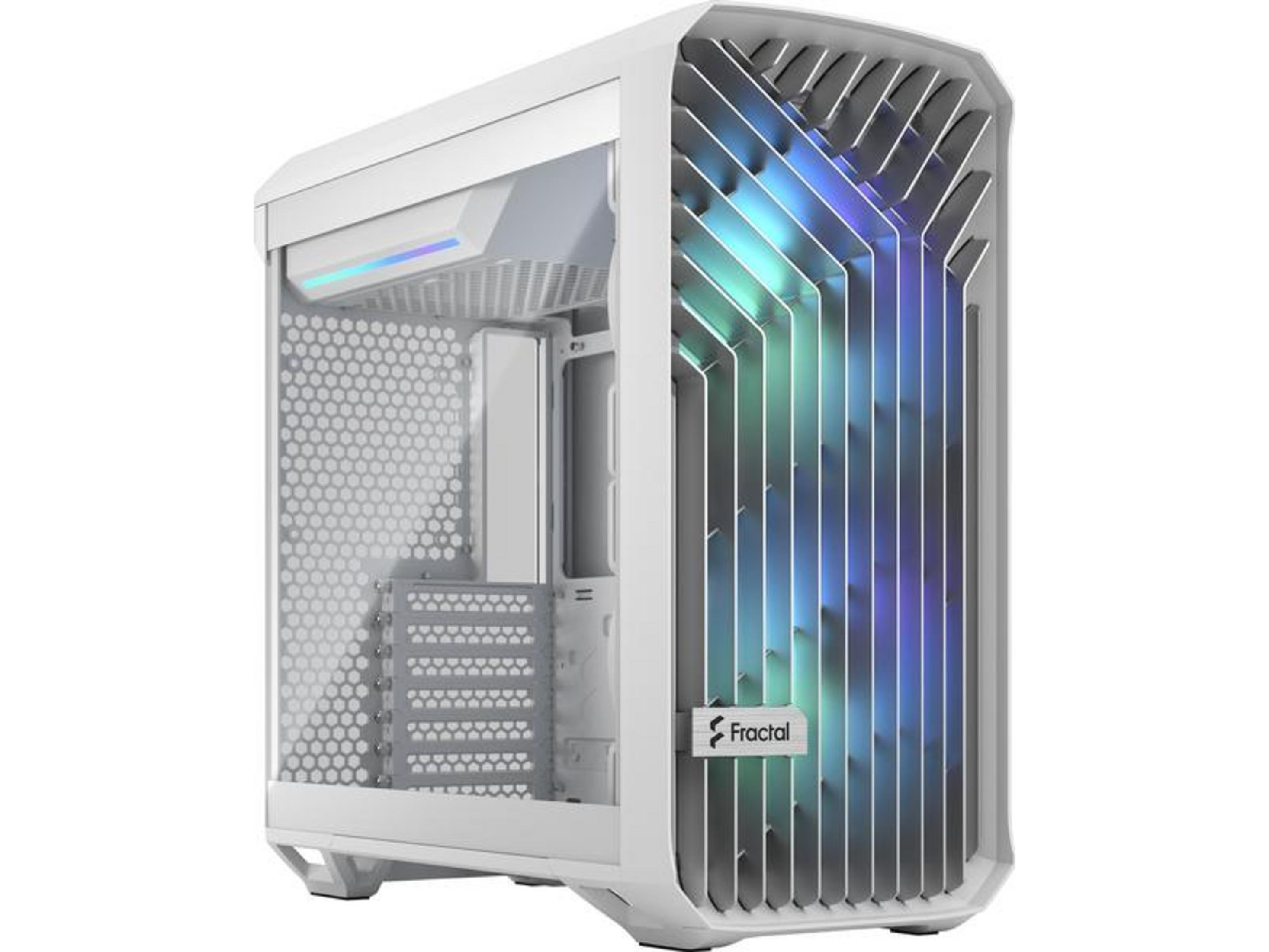 Case PC bianco con strisce illuminate e finestra in vetro.