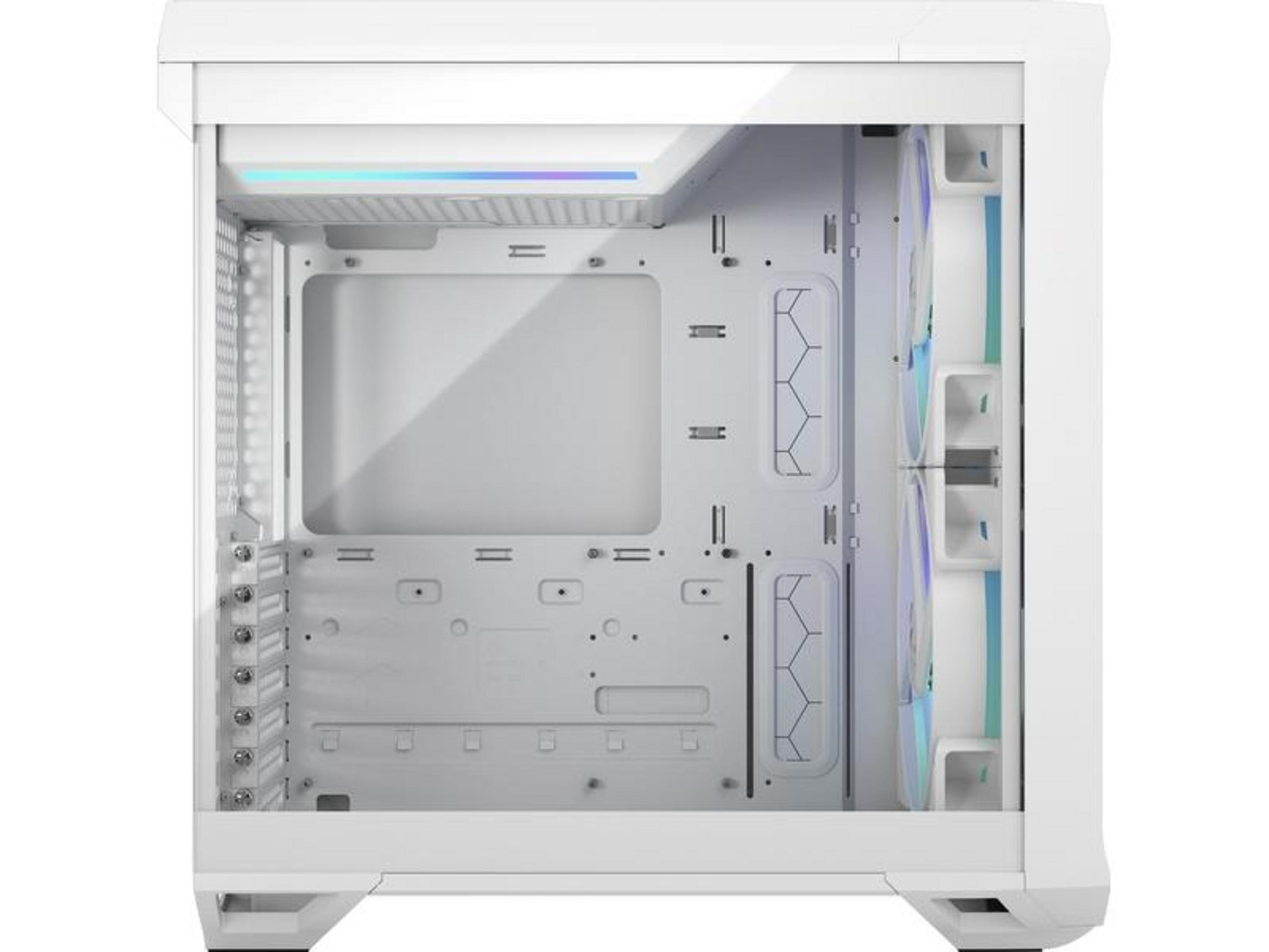 Un case per computer bianco con ventole RGB e illuminazione blu-verde in alto.