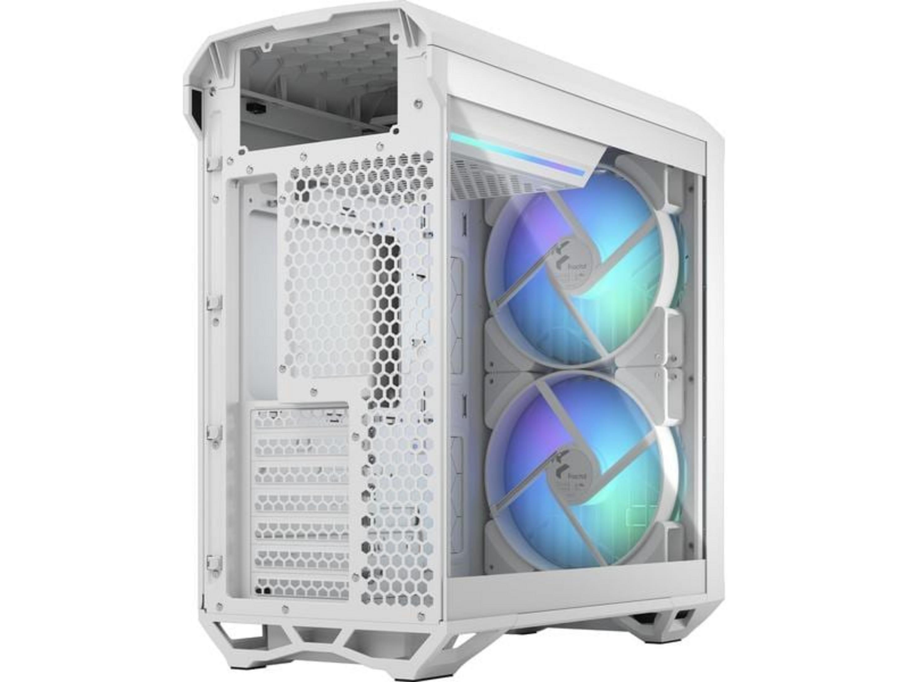 Un case bianco per computer con due ventole RGB visibili attraverso un pannello laterale in vetro.