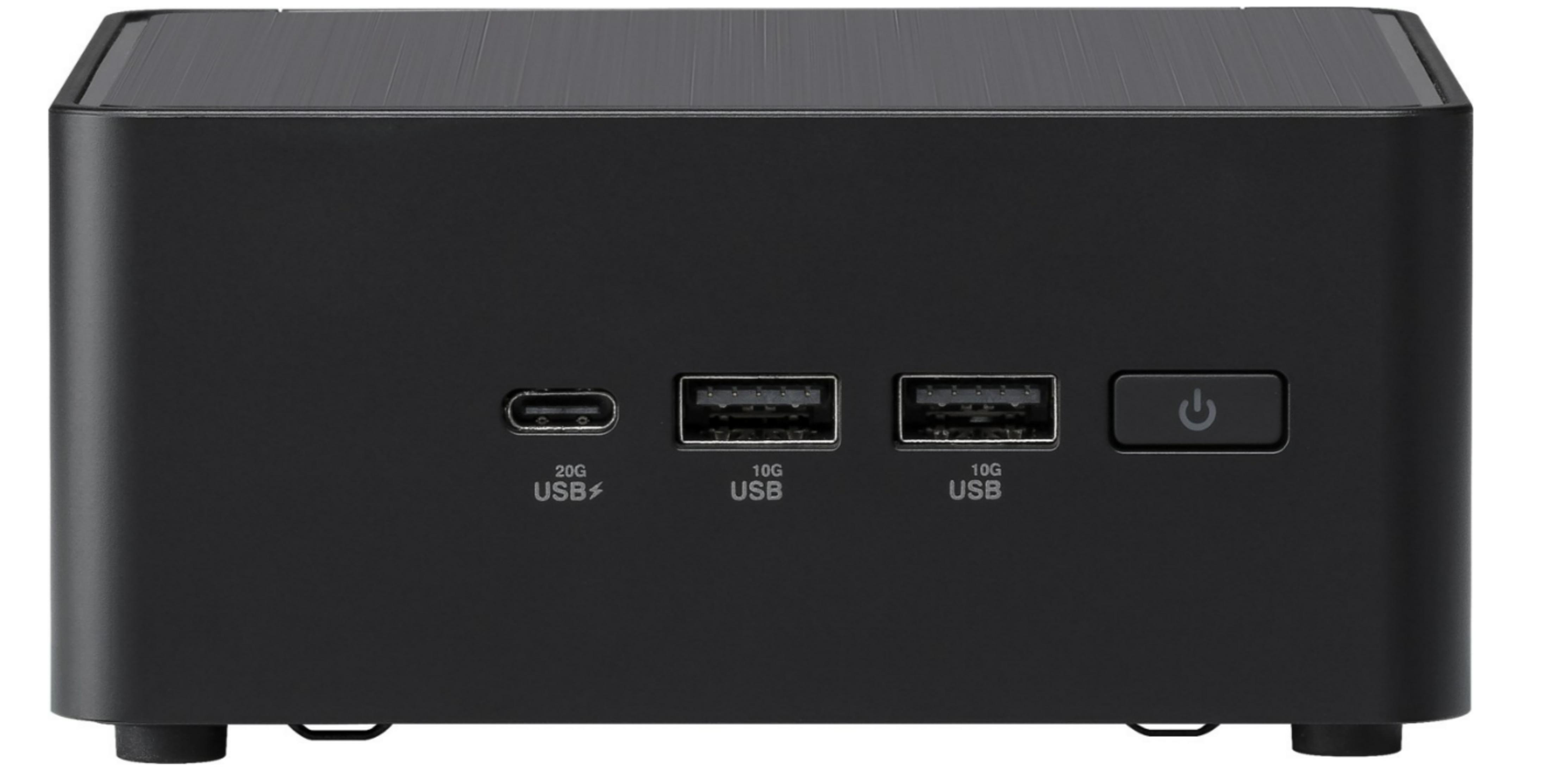 Zwarte mini-pc met USB-C, twee USB-A-poorten en aan/uit-knop.