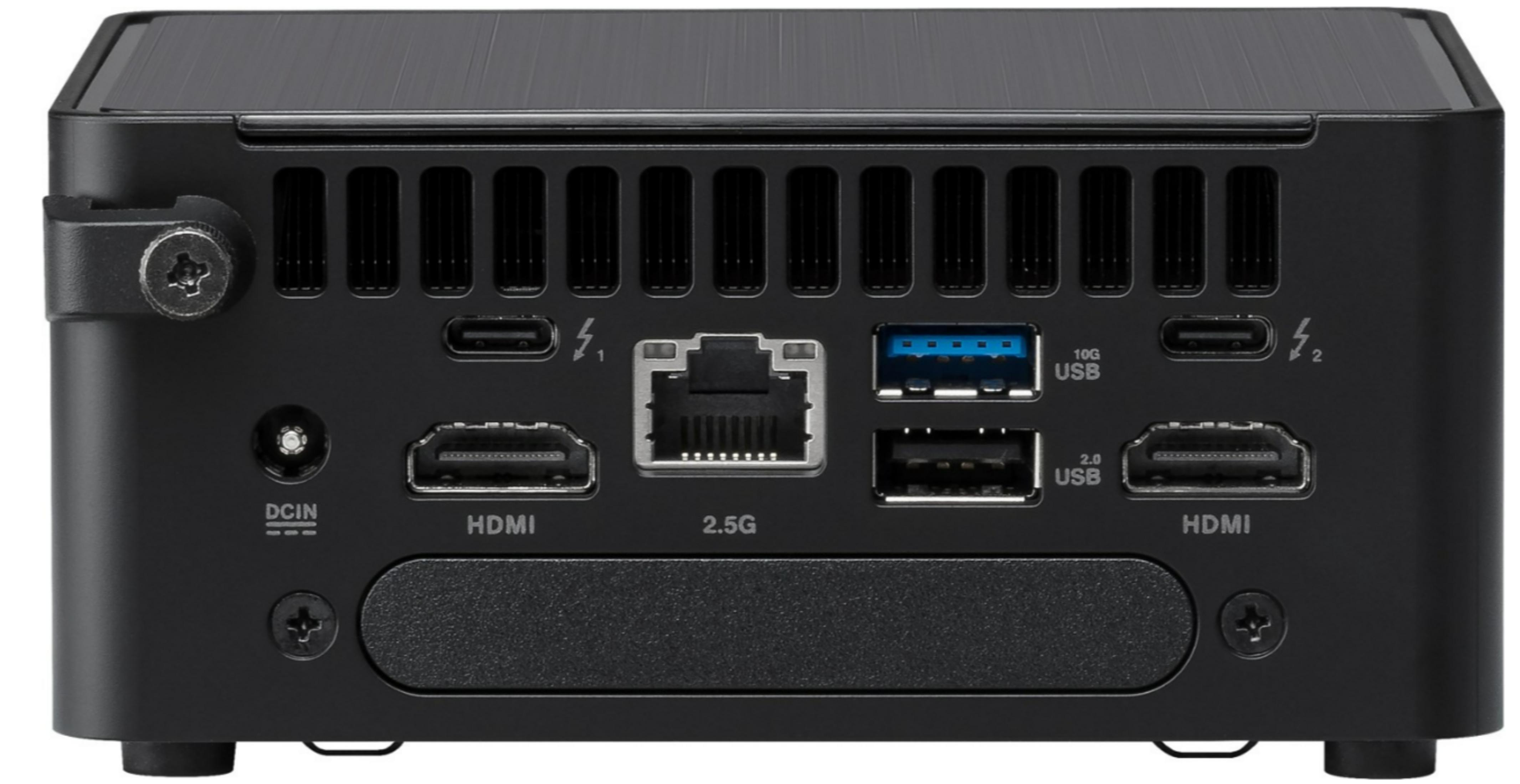 Zwarte mini-pc-achterpaneel: DCIN, HDMI, 2,5G Ethernet, USB-C, USB-A, HDMI.