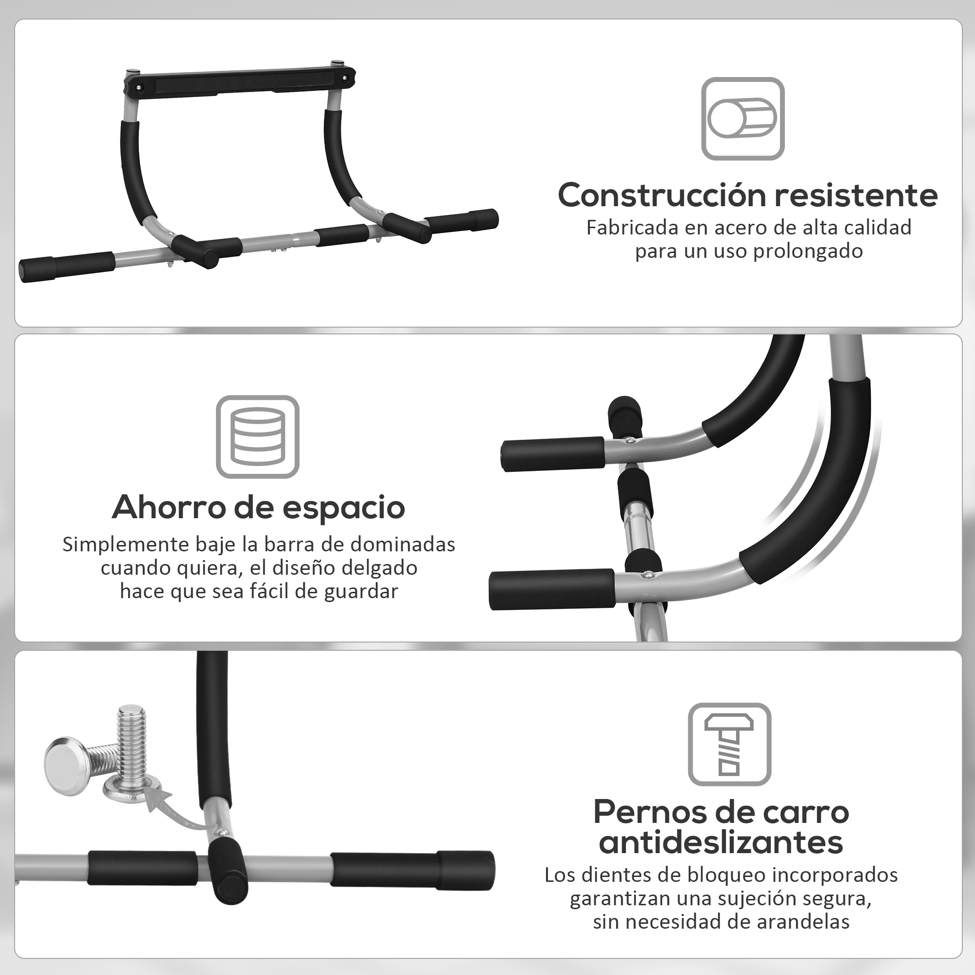 Barra de dominadas de acero con agarres negros y tornillos de bloqueo.