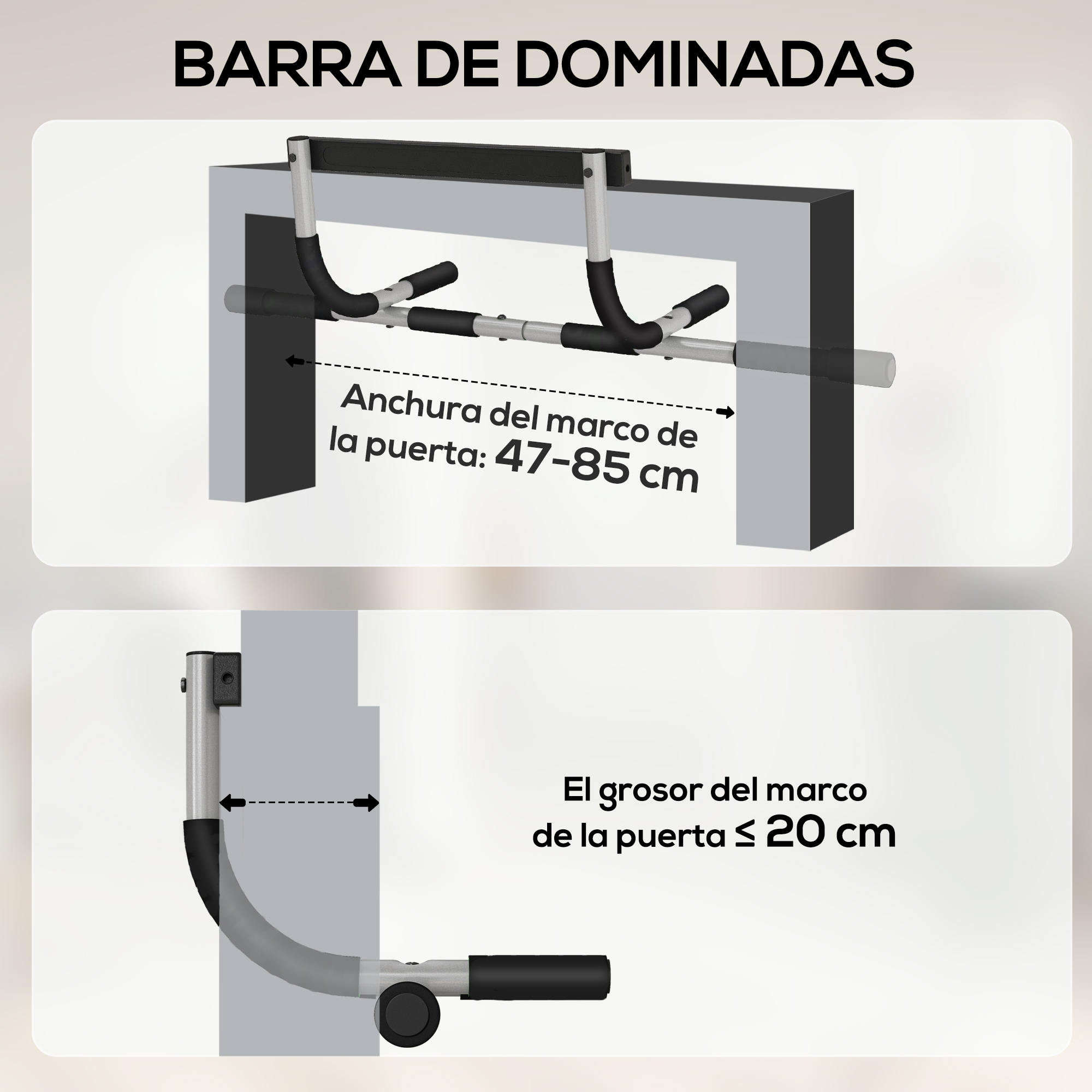 Barra de dominadas para puertas: 47-85 cm ancho, grosor max 20 cm.