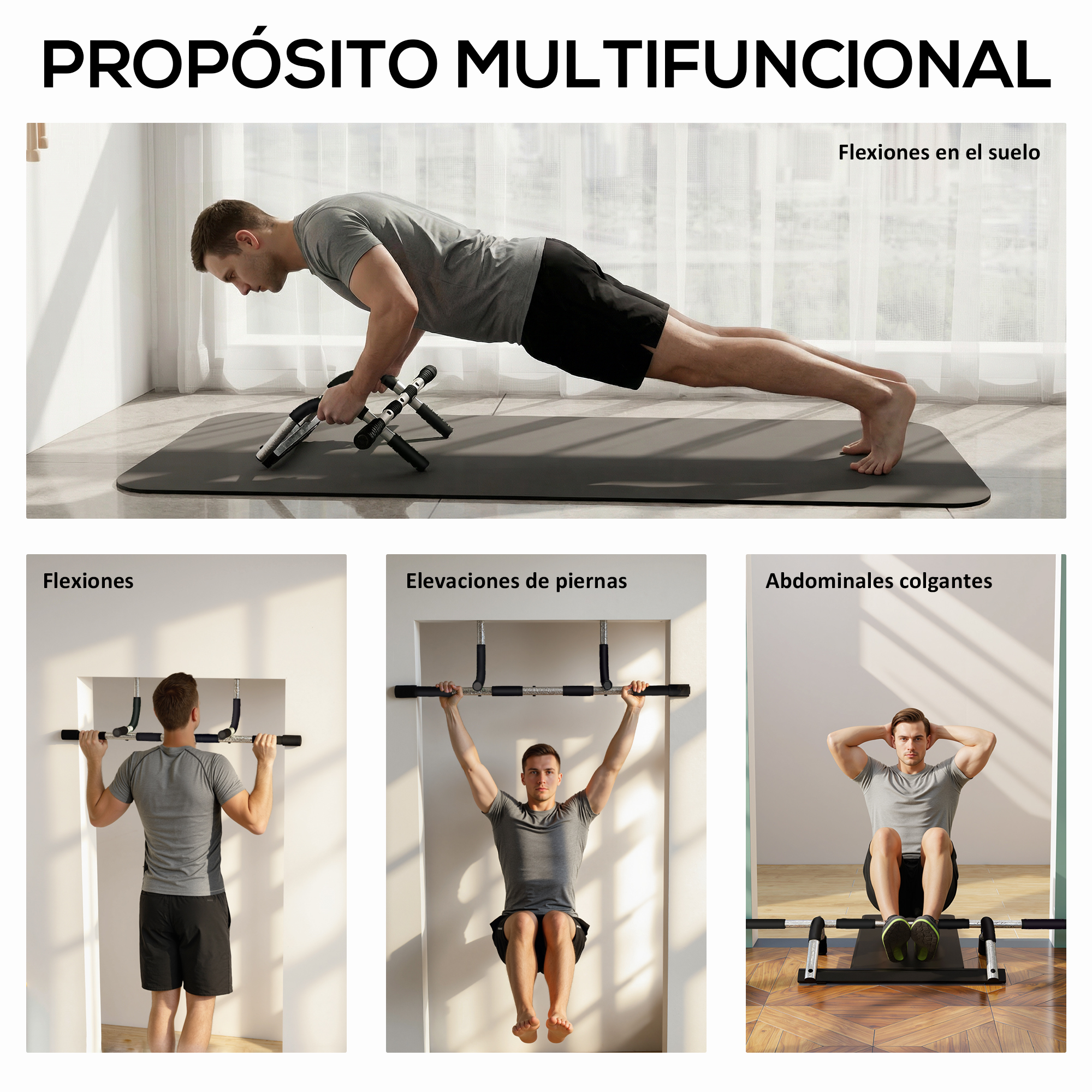 Un hombre hace flexiones, dominadas y abdominales con equipo de gimnasio.