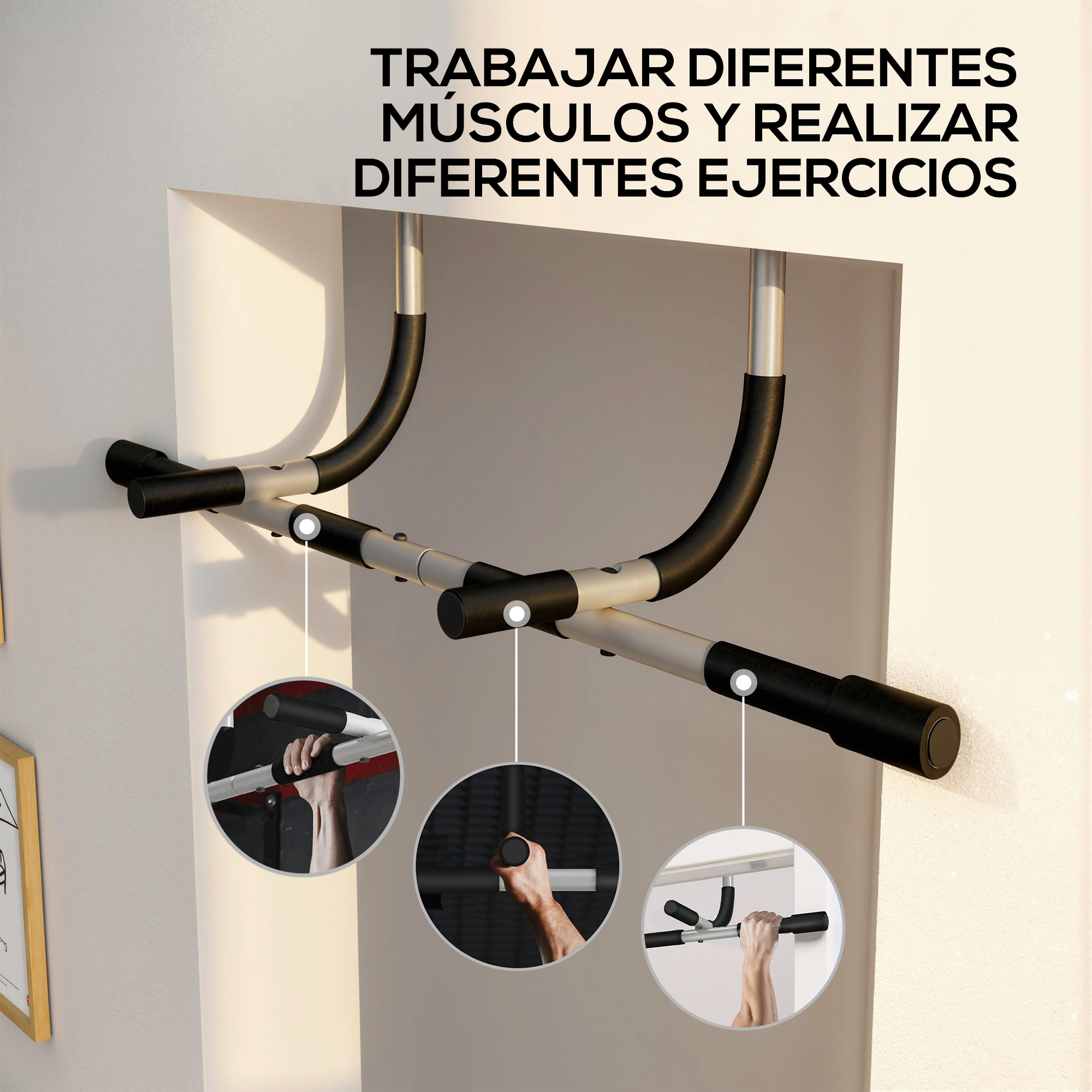 Barra de dominadas para puerta con agarres para varios ejercicios.