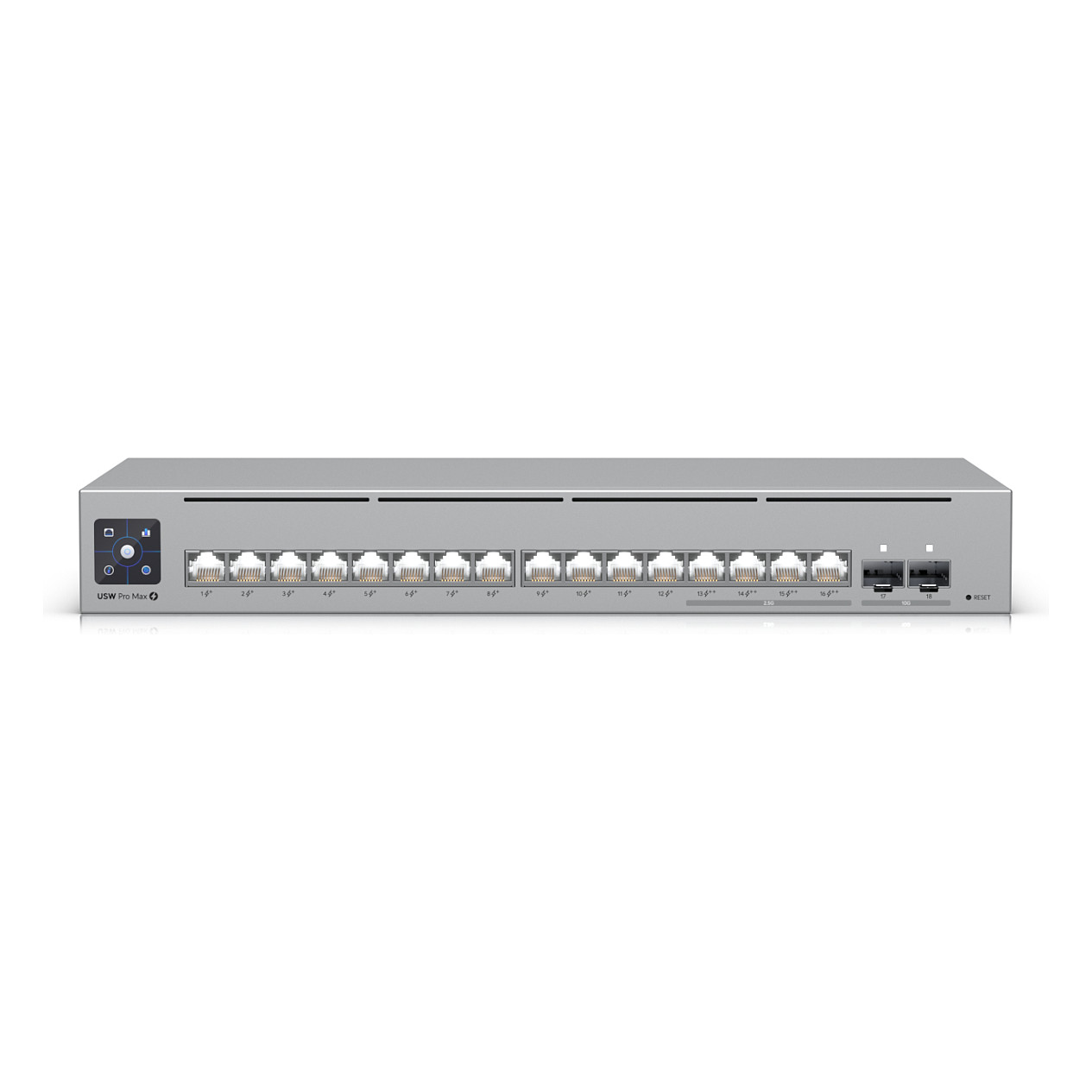 Srebrny przełącznik sieciowy z 16 portami Ethernet i dwoma portami uplink.