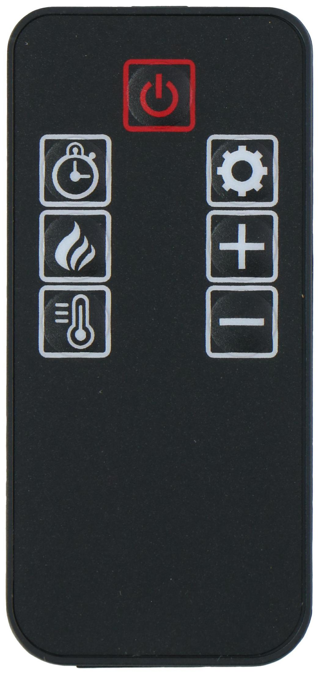 Schwarze Fernbedienung mit Symbolen: Power, Timer, Flamme, Thermometer, Zahnrad, Plus und Minus.