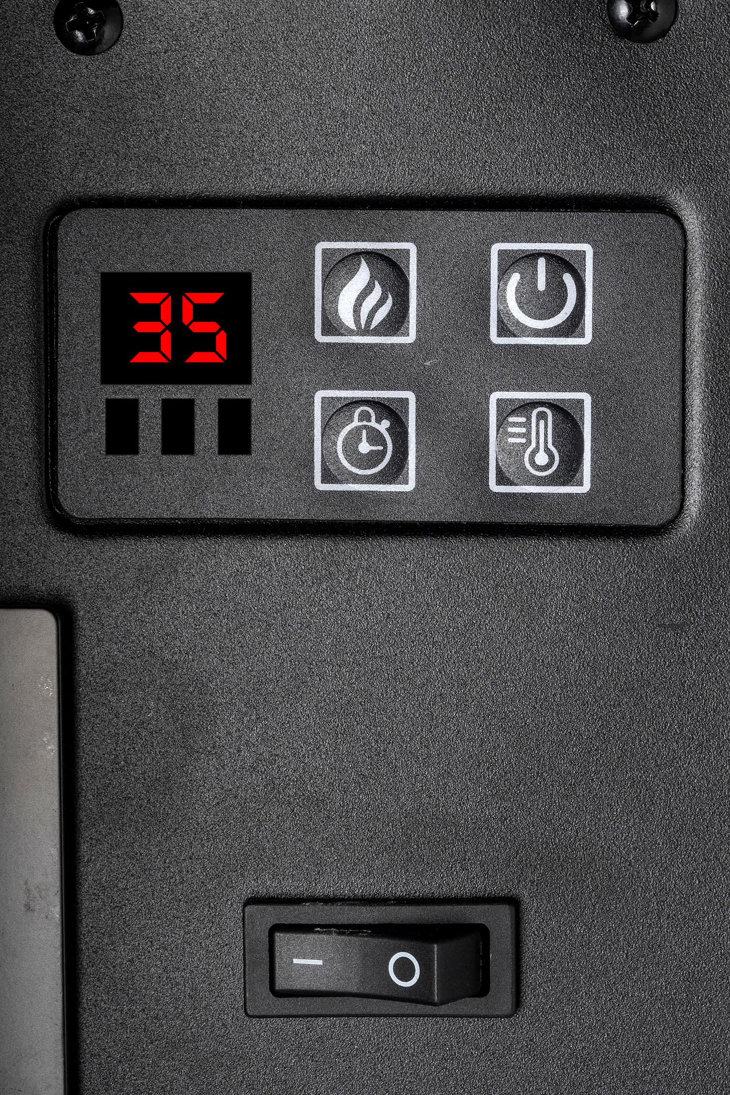 Digitalanzeige 35, Flammen-, Ein/Aus-, Timer- und Thermometersymbole, Kippschalter.