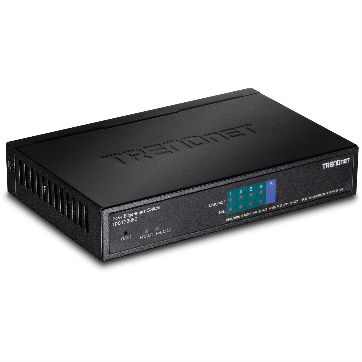 Switch di rete nero a 5 porte con LED di stato.