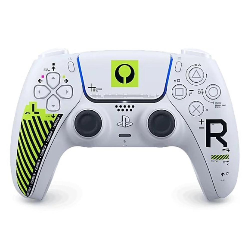 Controller da gioco bianco con accenti verdi e neri. Presenta simboli e testo.