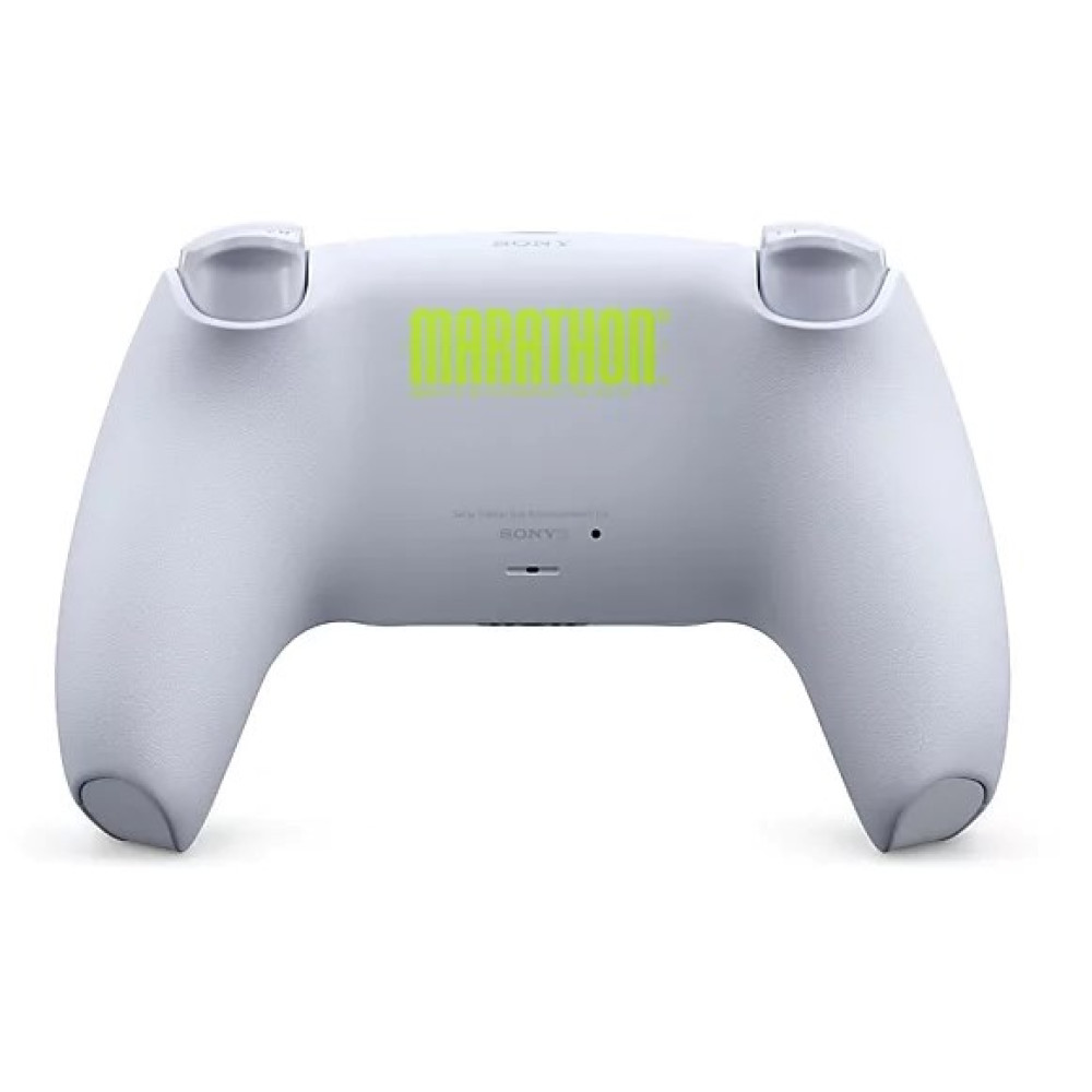 Un controller PlayStation bianco con il logo verde MARATHON.