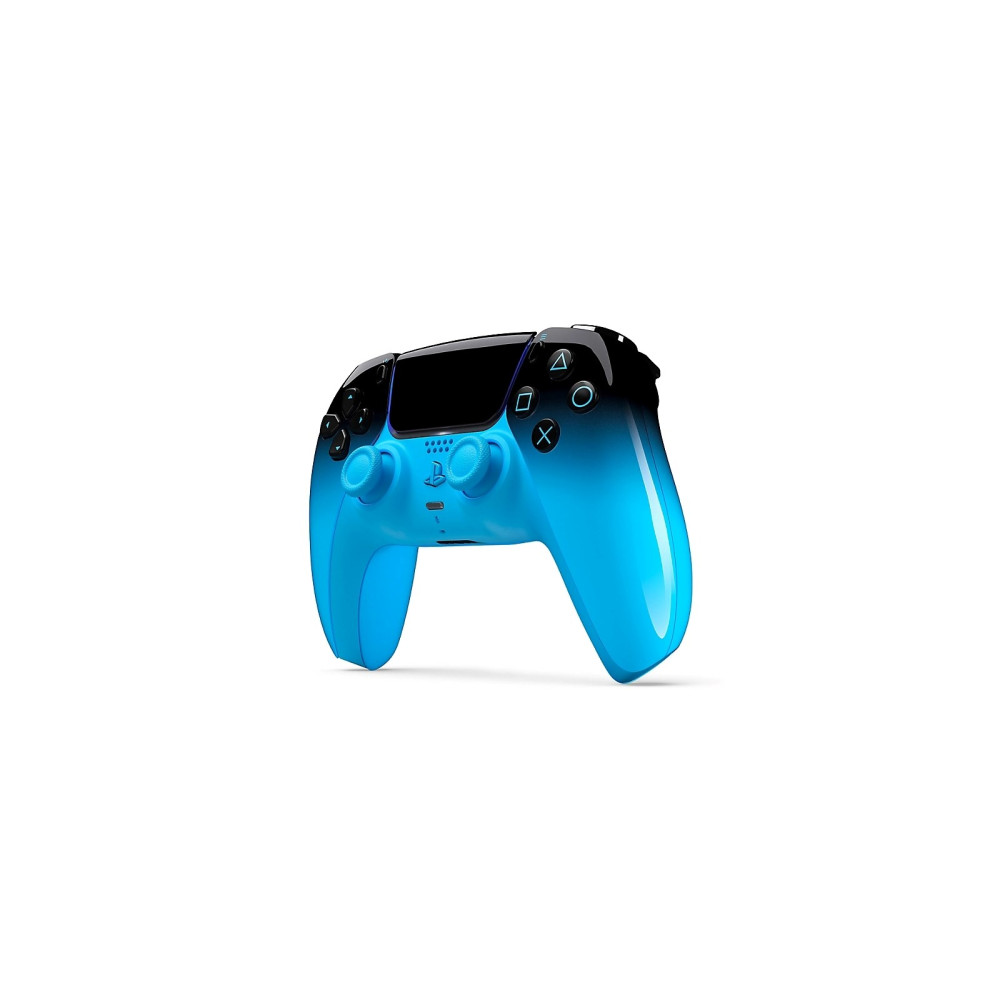Un controller PlayStation 5 blu e nero con due levette analogiche.
