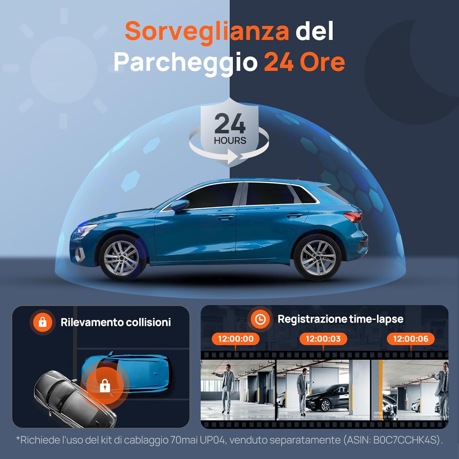 Sorveglianza auto in parcheggio con rilevamento collisioni e registrazione time-lapse.