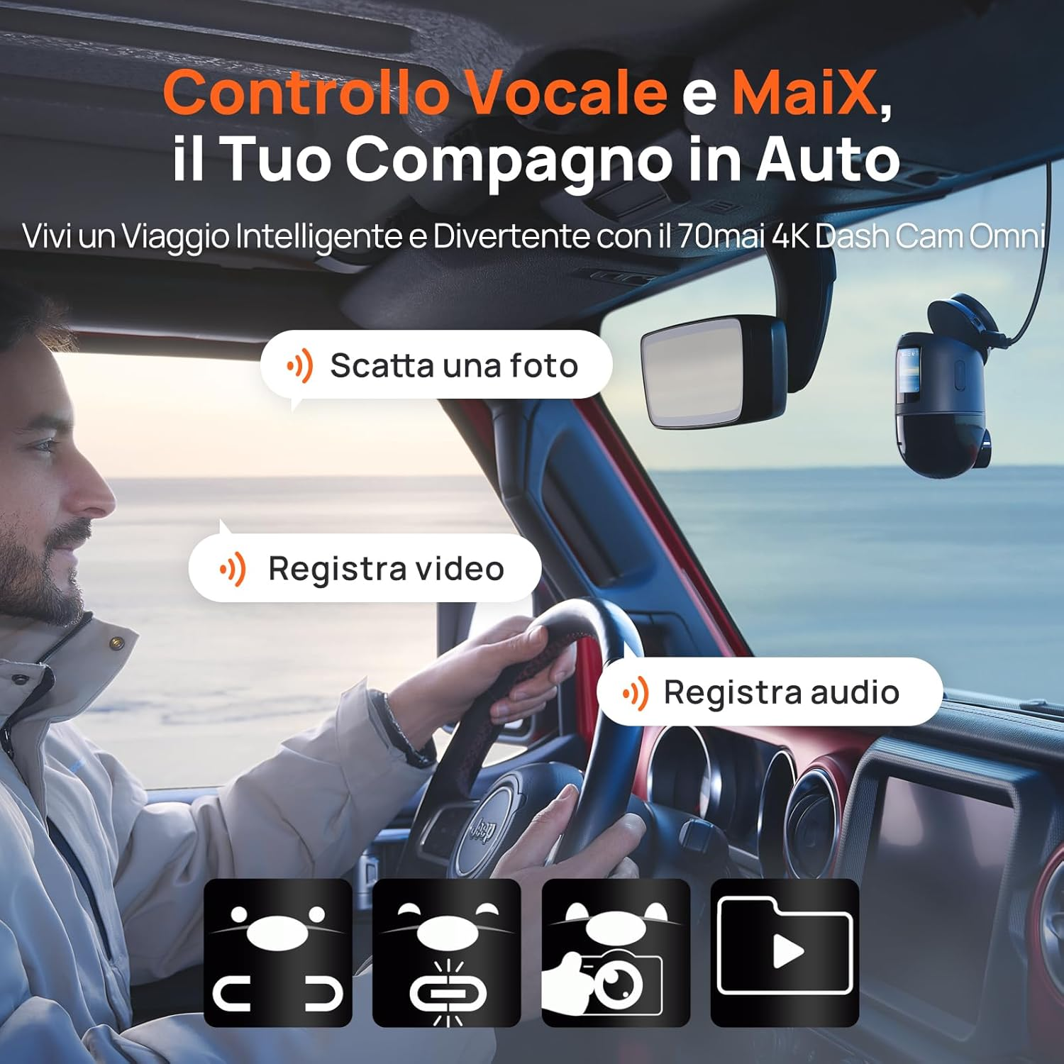 Uomo alla guida di un'auto con dashcam, opzioni foto, video, audio.