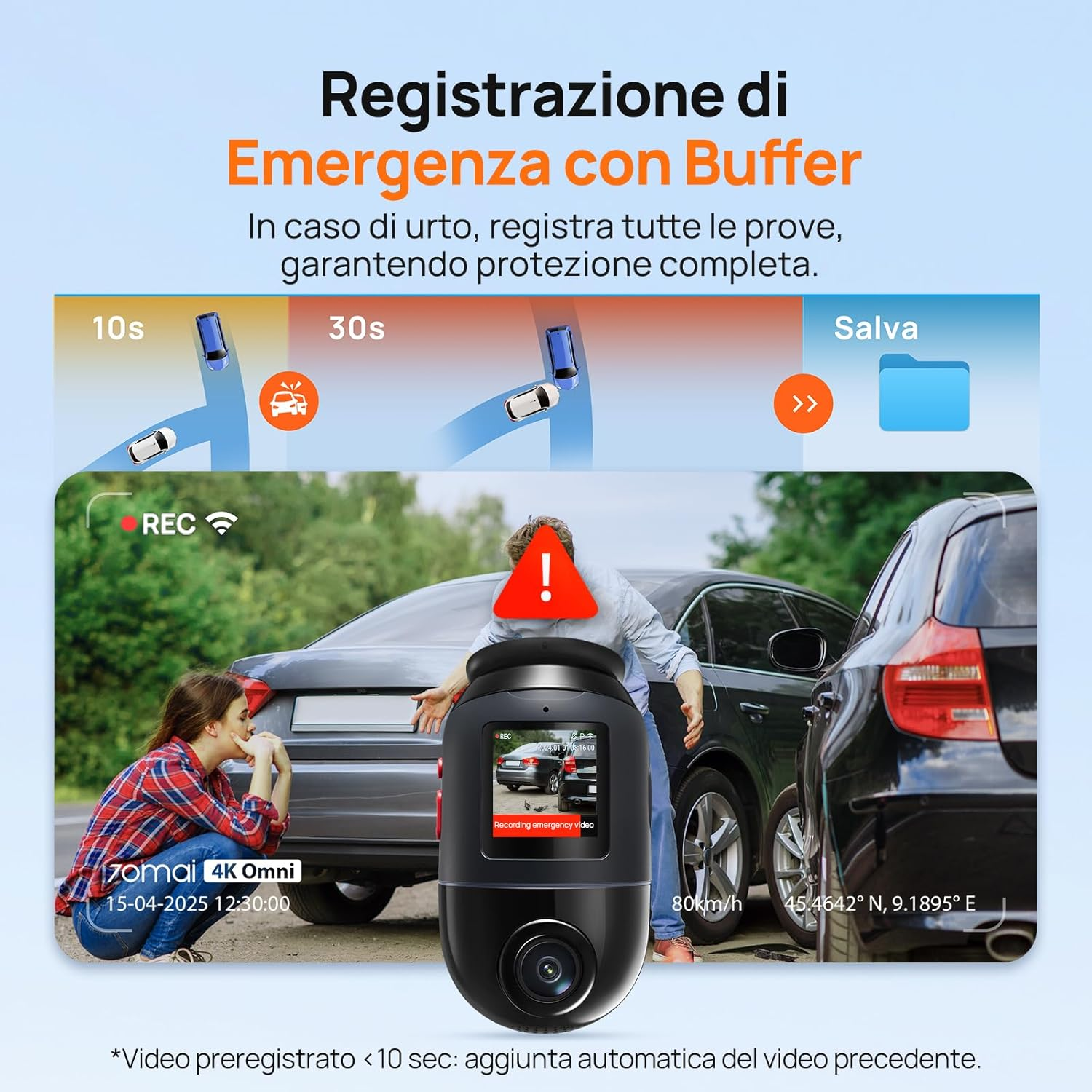 Dashcam registra video emergenza, mostra ora e luogo.