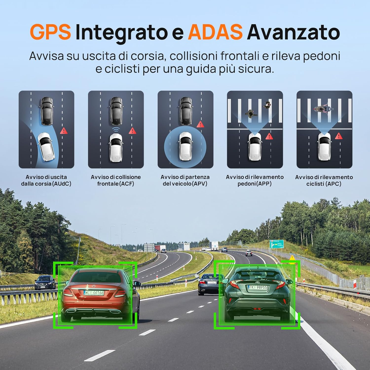 Auto su un'autostrada, con grafiche che mostrano funzioni di assistenza alla guida.