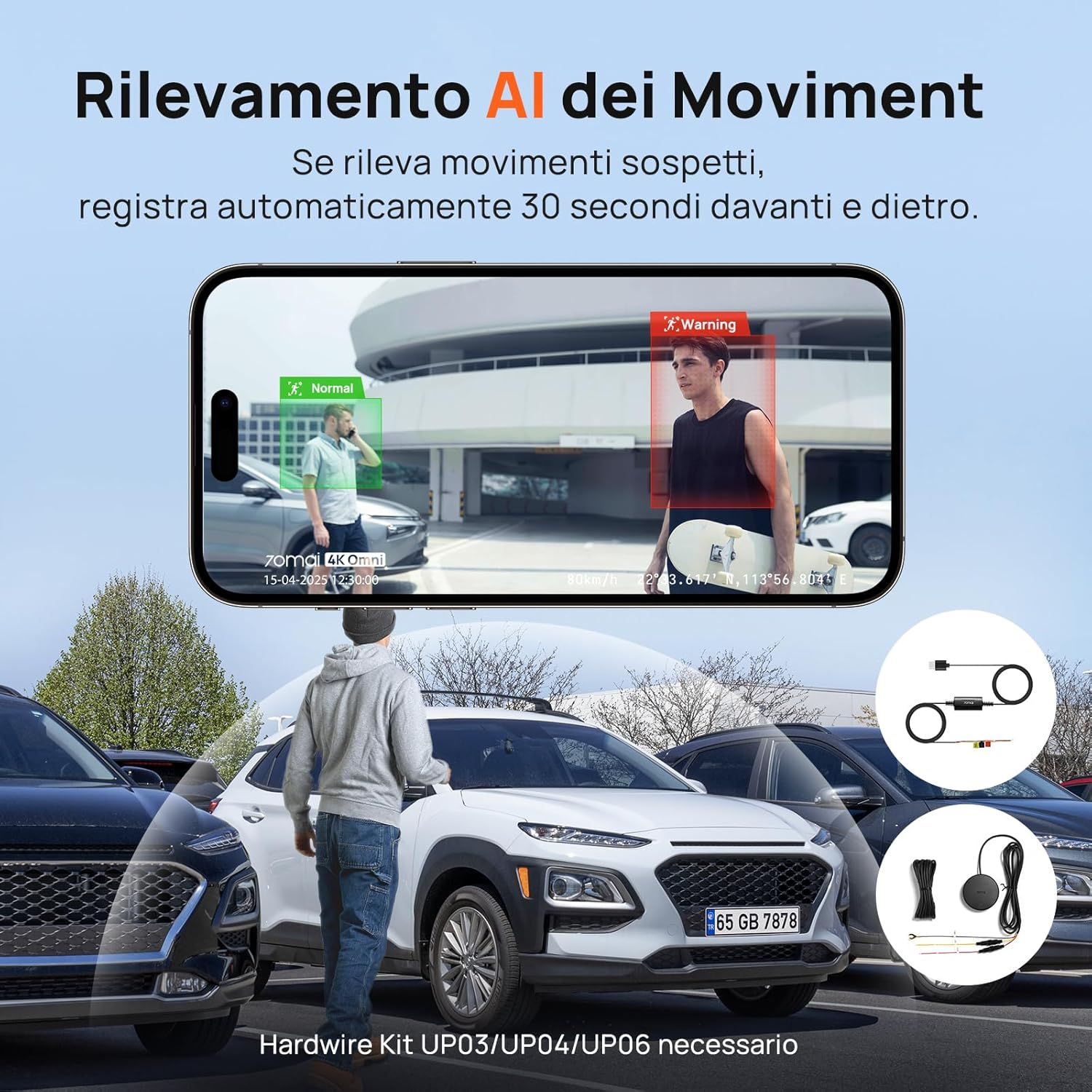 Uno smartphone mostra un'app di telecamera di sicurezza con rilevamento del movimento AI. Due auto visibili.