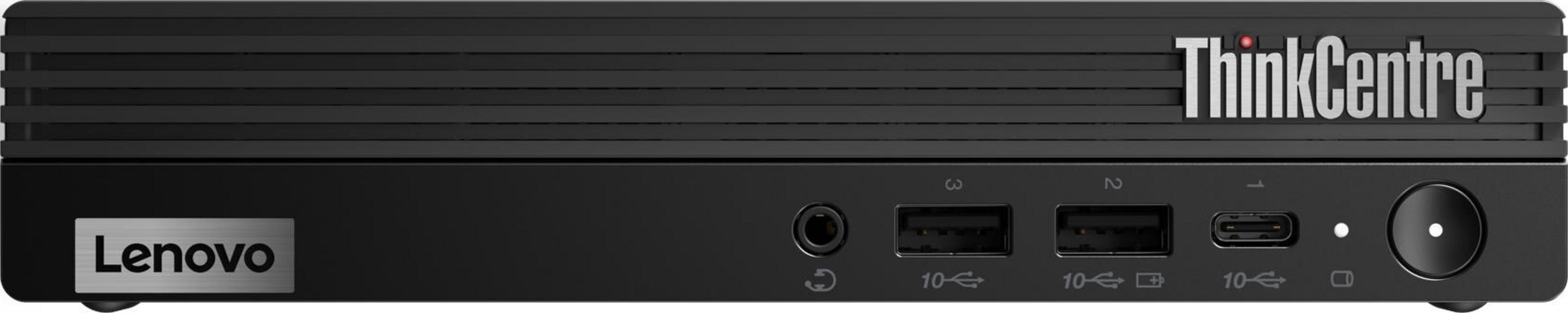 Mini PC Lenovo ThinkCentre nero con porte e logo.