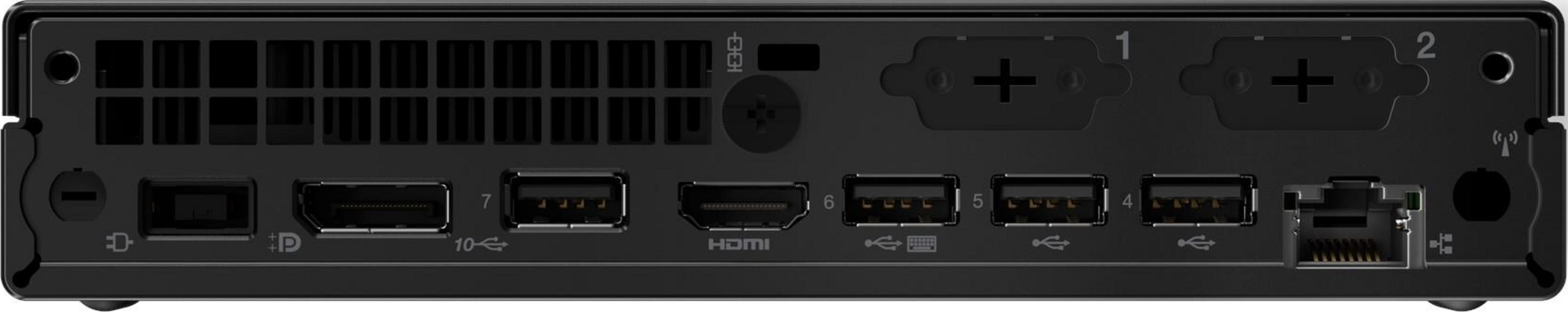 Vista posteriore di un computer nero con porte: USB, HDMI, DisplayPort, Ethernet e 2 porte D-sub numerate.