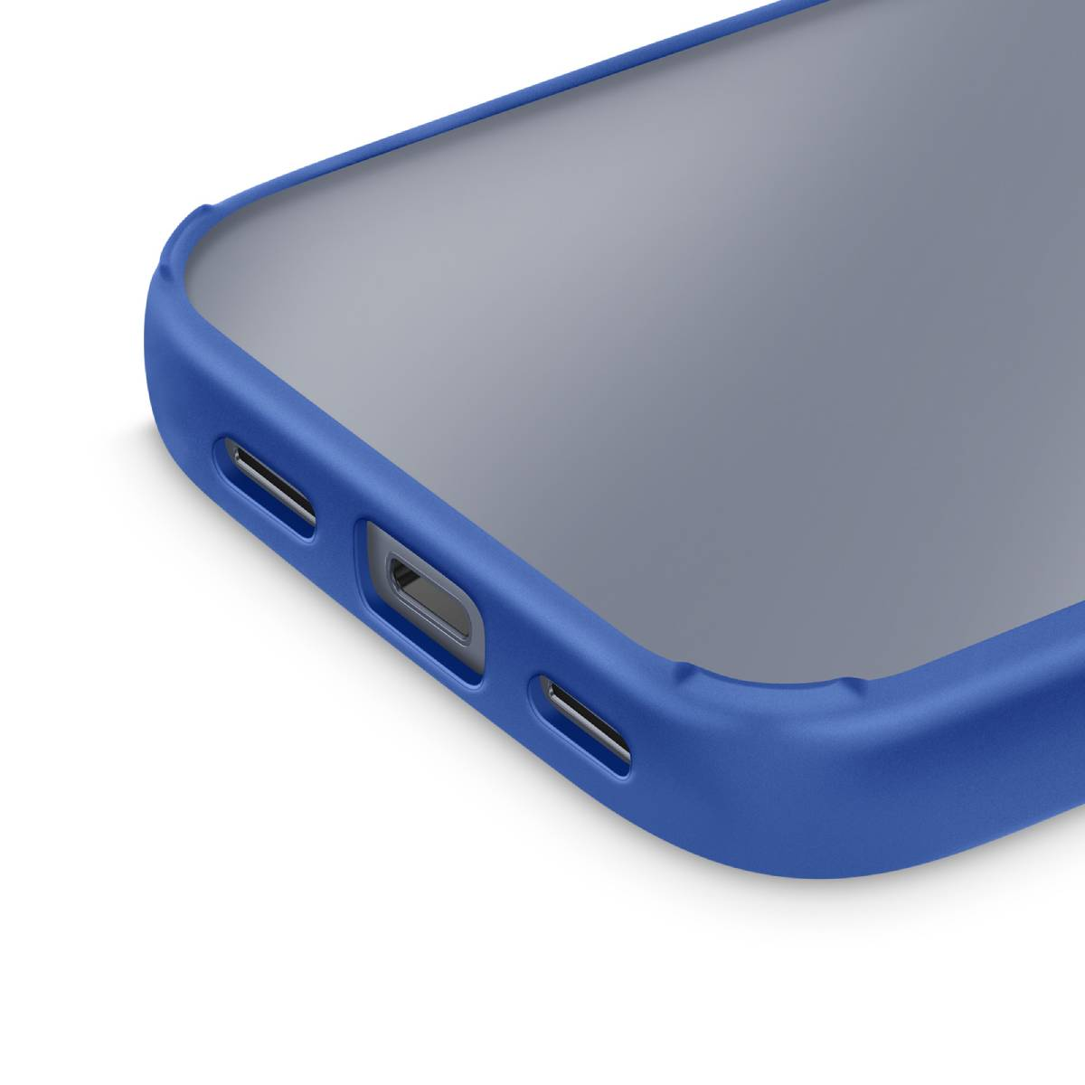 Een blauwe rand van een telefoonhoesje met poortuitsparingen op een witte achtergrond.