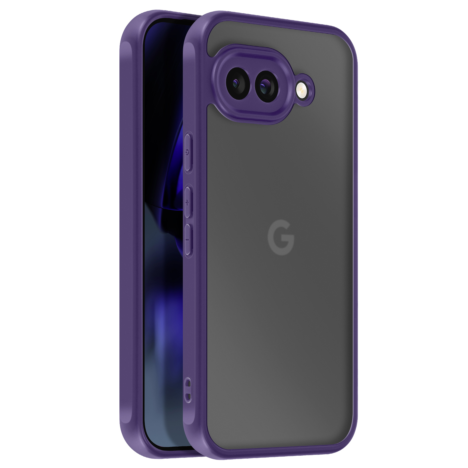 Custodia viola per smartphone con doppia fotocamera e logo Google.