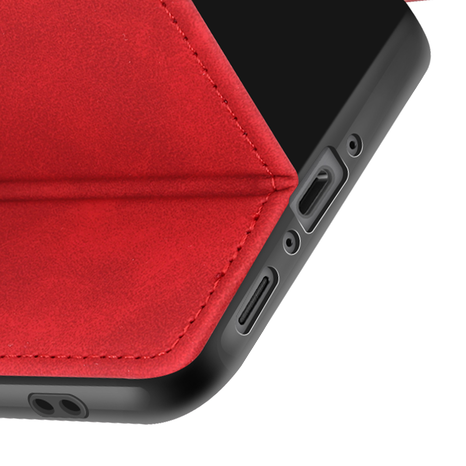 Rode flip telefoonhoes met stiksels en zijknoppen.