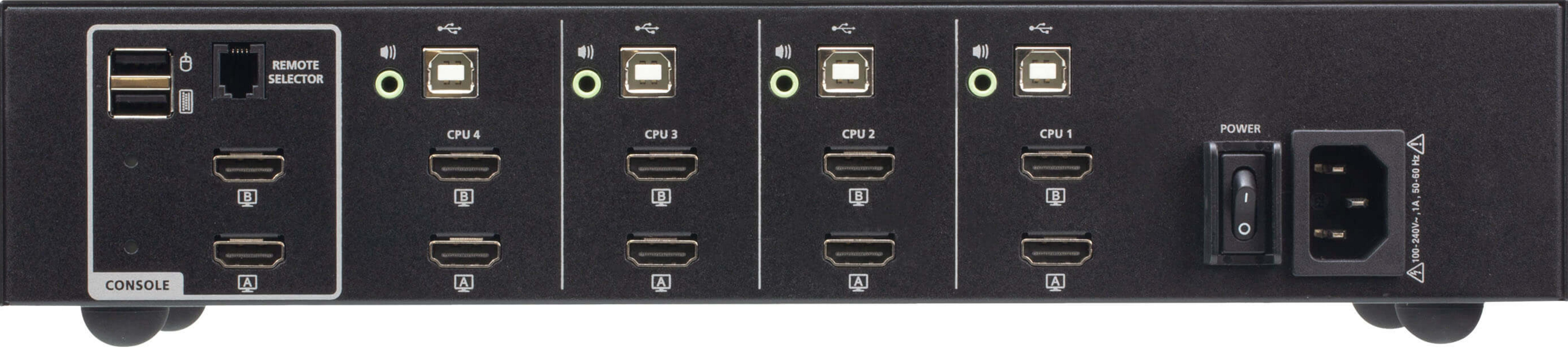 Retro di uno switch KVM nero con porte console, 4 CPU, alimentazione e selettore remoto.