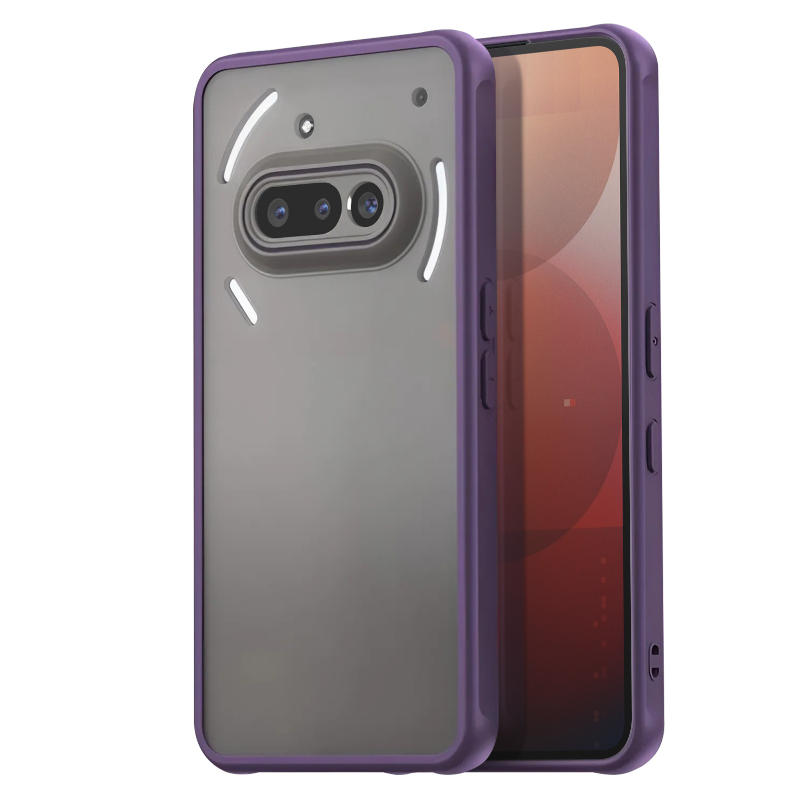 Une coque de téléphone violette avec dos translucide et double caméra.
