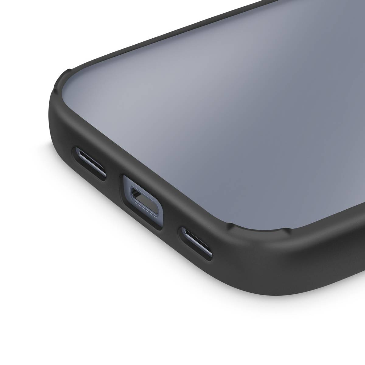 Gros plan d'une coque de téléphone noire avec découpes pour les ports.