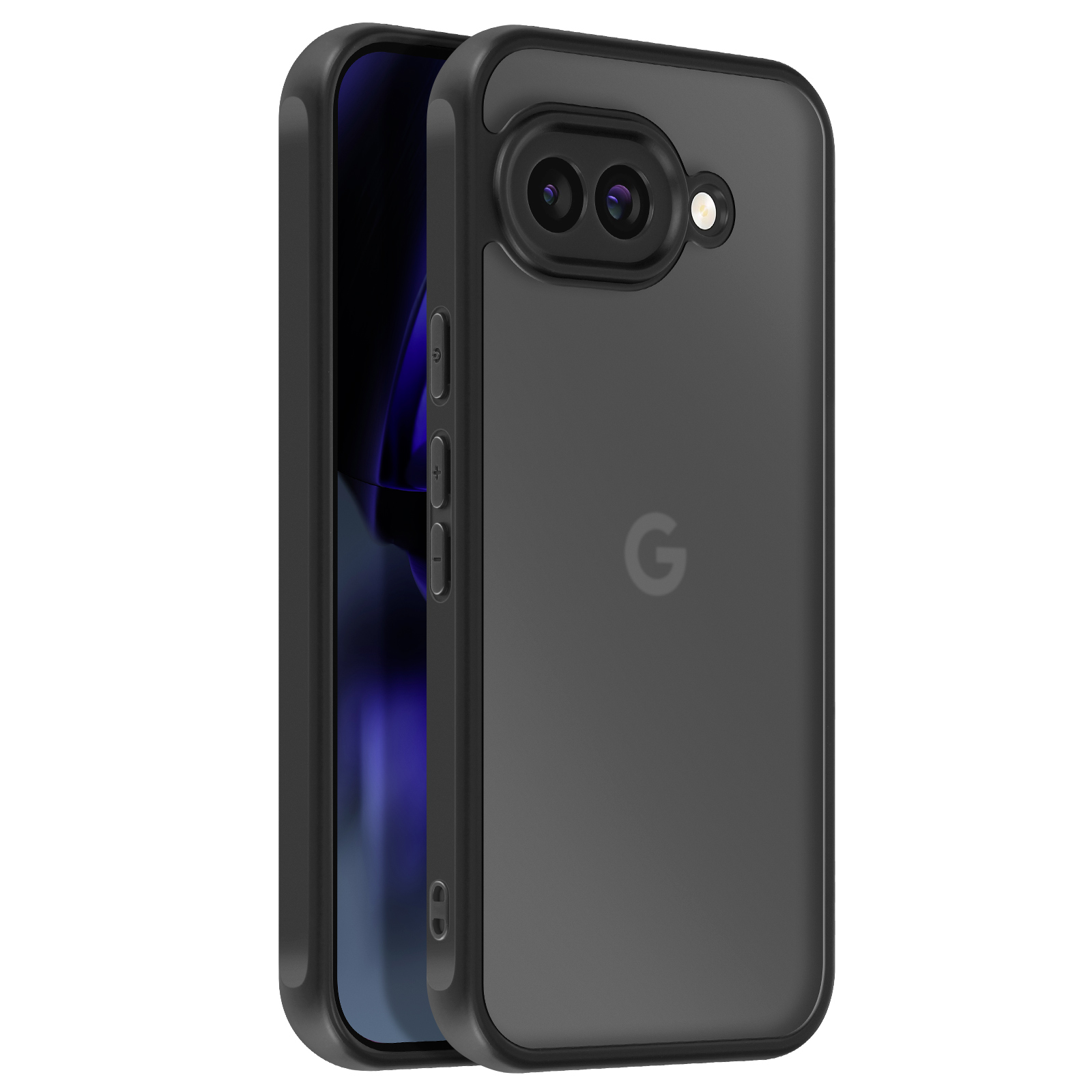 Un telefono Google Pixel grigio scuro in custodia nera, mostra fotocamera e logo G.
