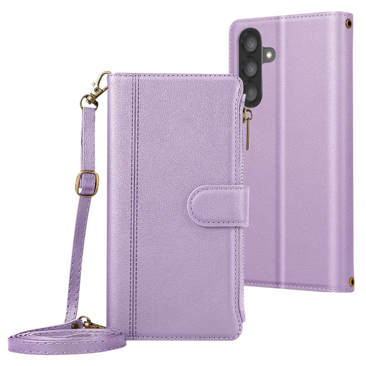 Custodia viola per telefono con cinturino e fibbia, con ritaglio fotocamera.