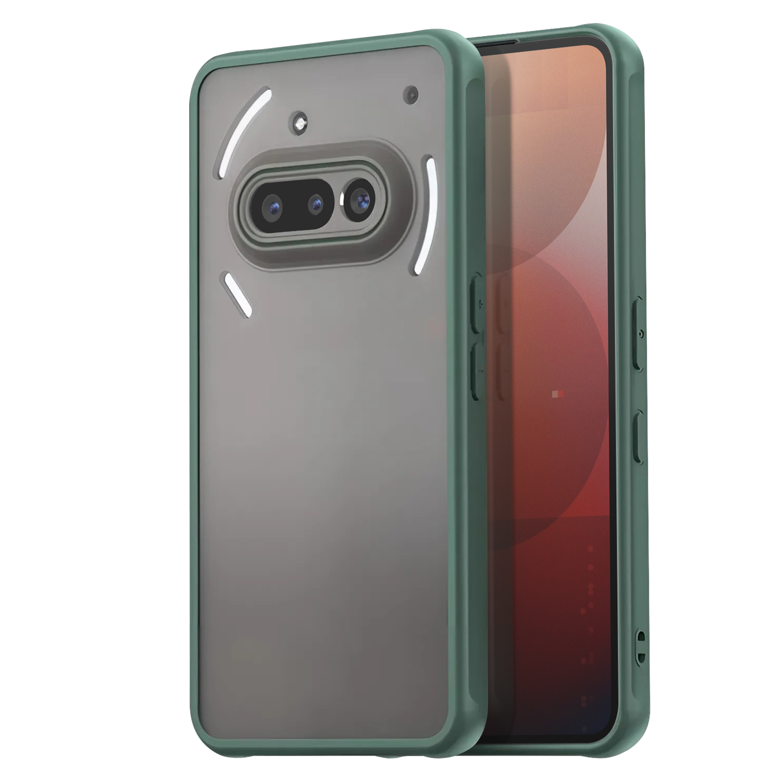 Une coque de téléphone verte avec dos transparent et deux objectifs.