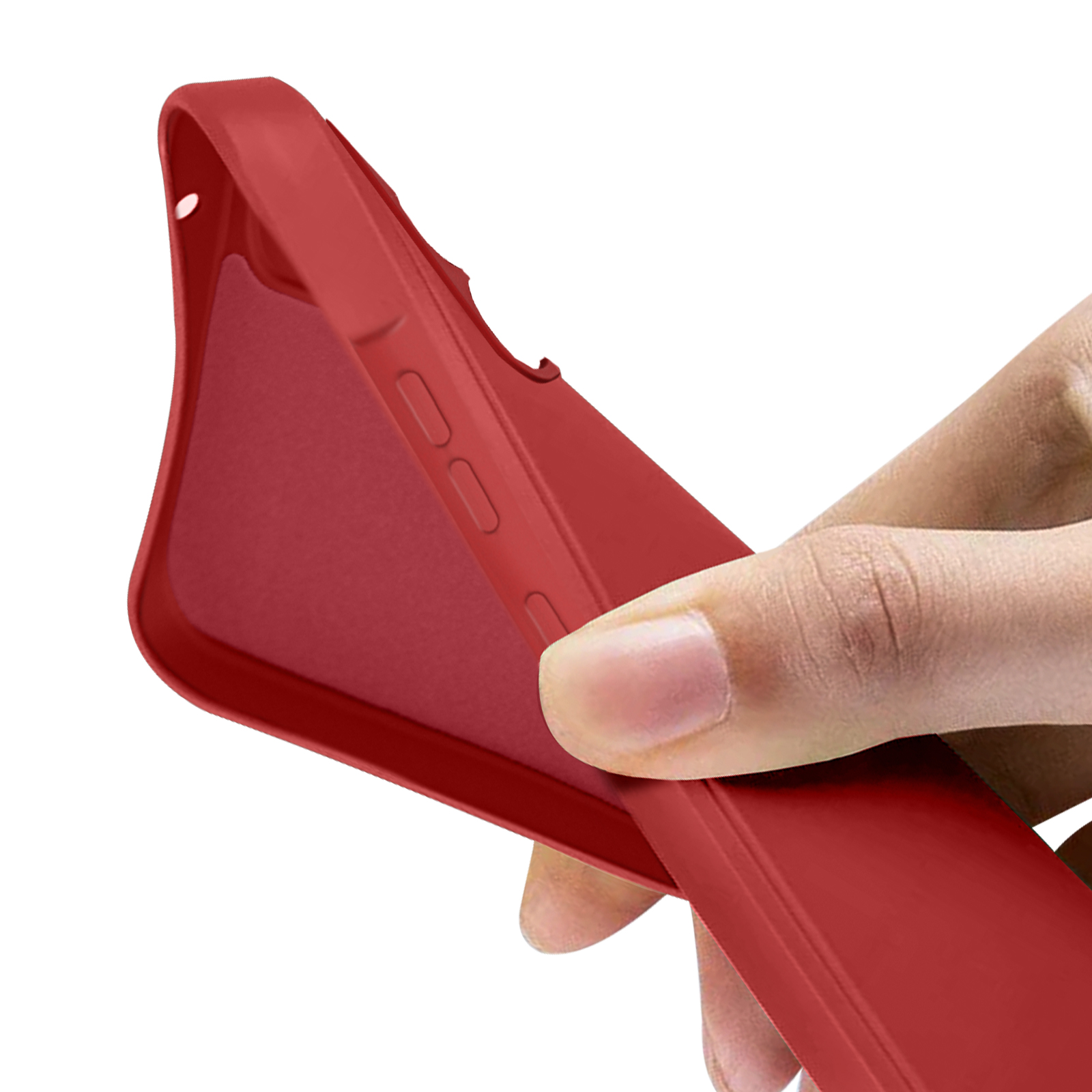 Una cover rossa per telefono tenuta dalle dita, focalizzata sui pulsanti.
