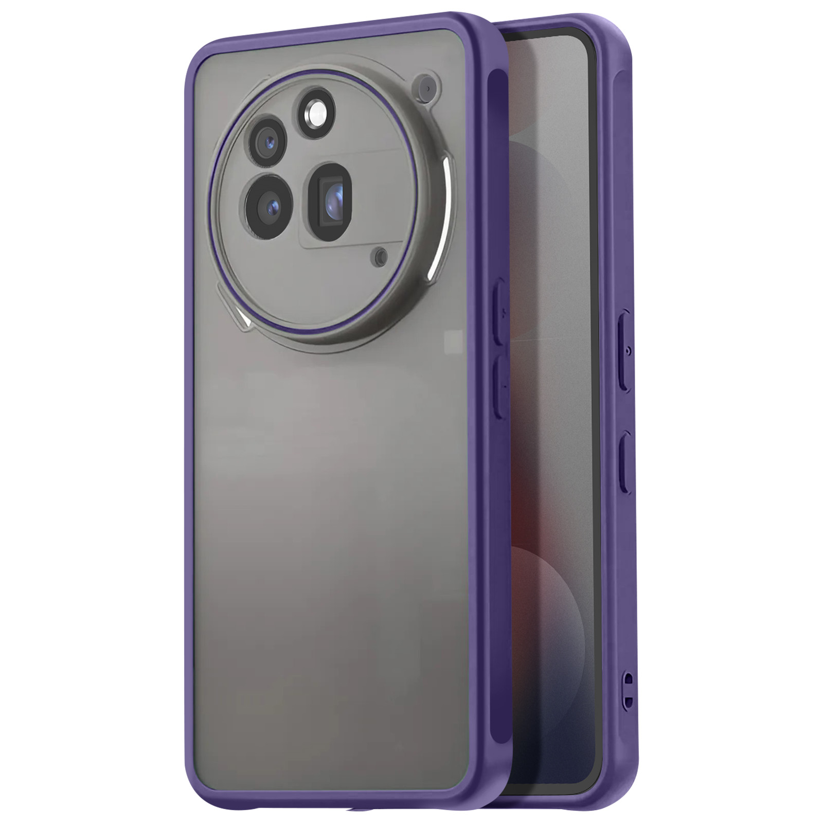 Paarse telefoonhoes met doorzichtige achterkant en cameralensontwerp.