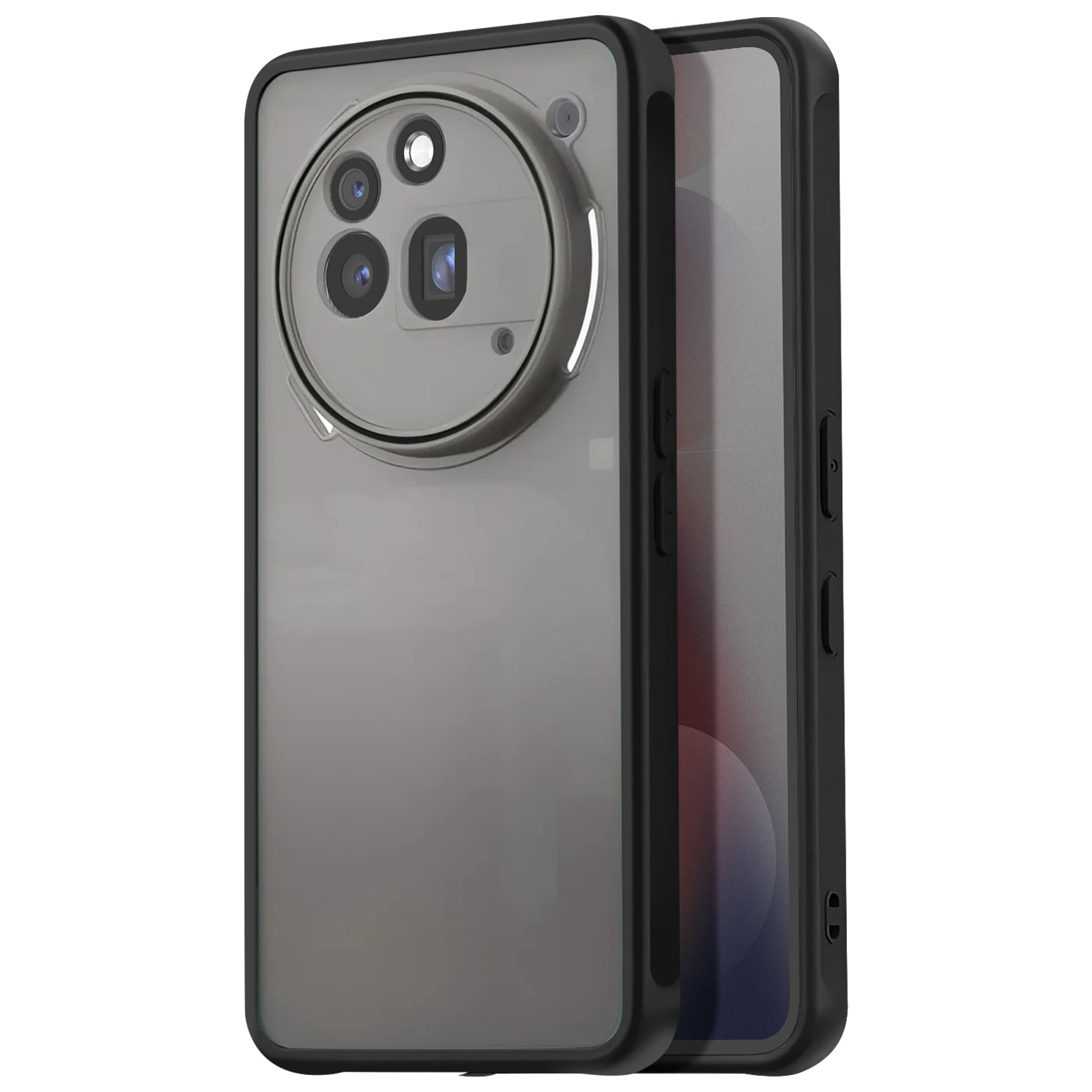 Doorzichtige telefoonhoes met zwart frame en drievoudige camera-opstelling.