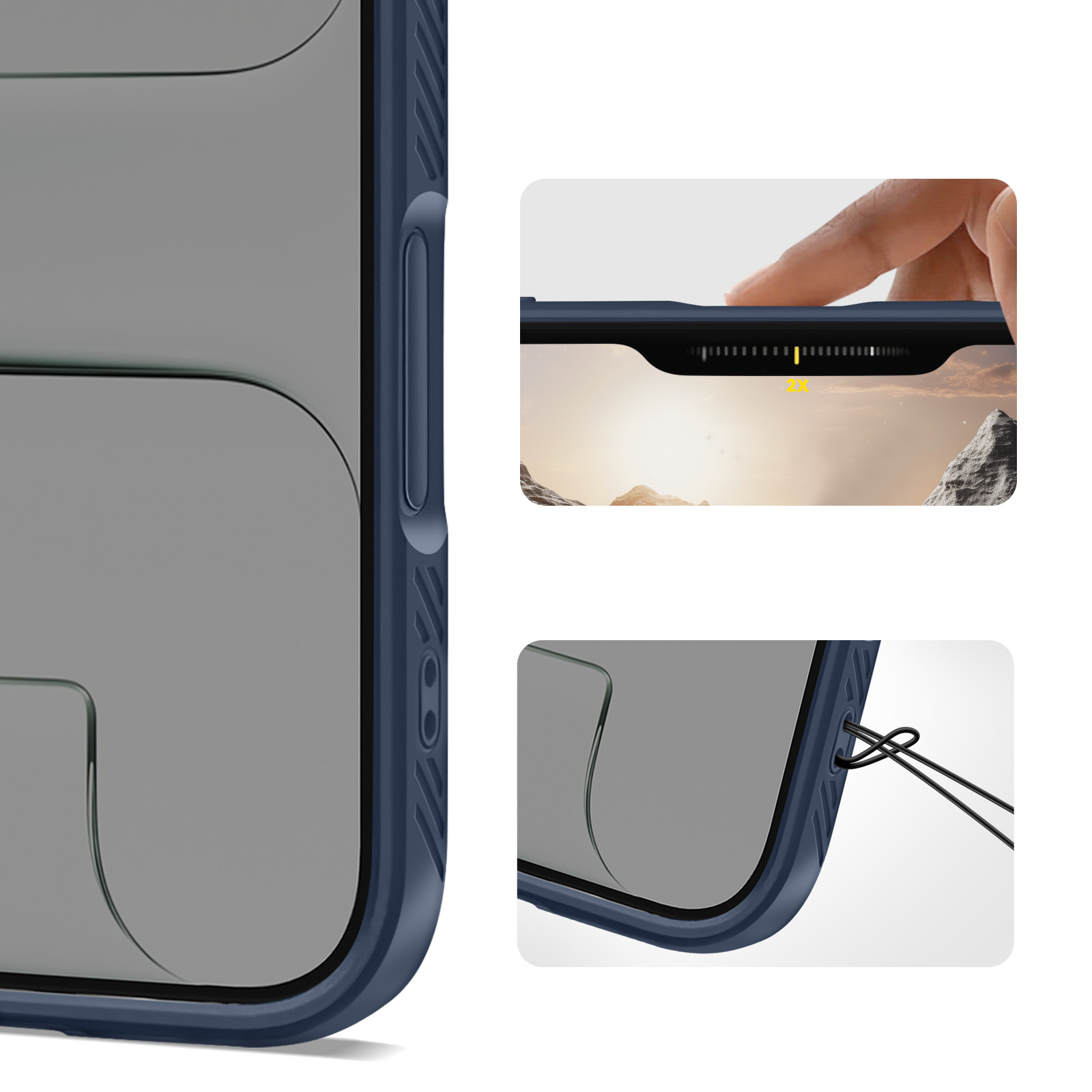 Custodia blu scuro per telefono con funzione zoom e foro per laccetto.