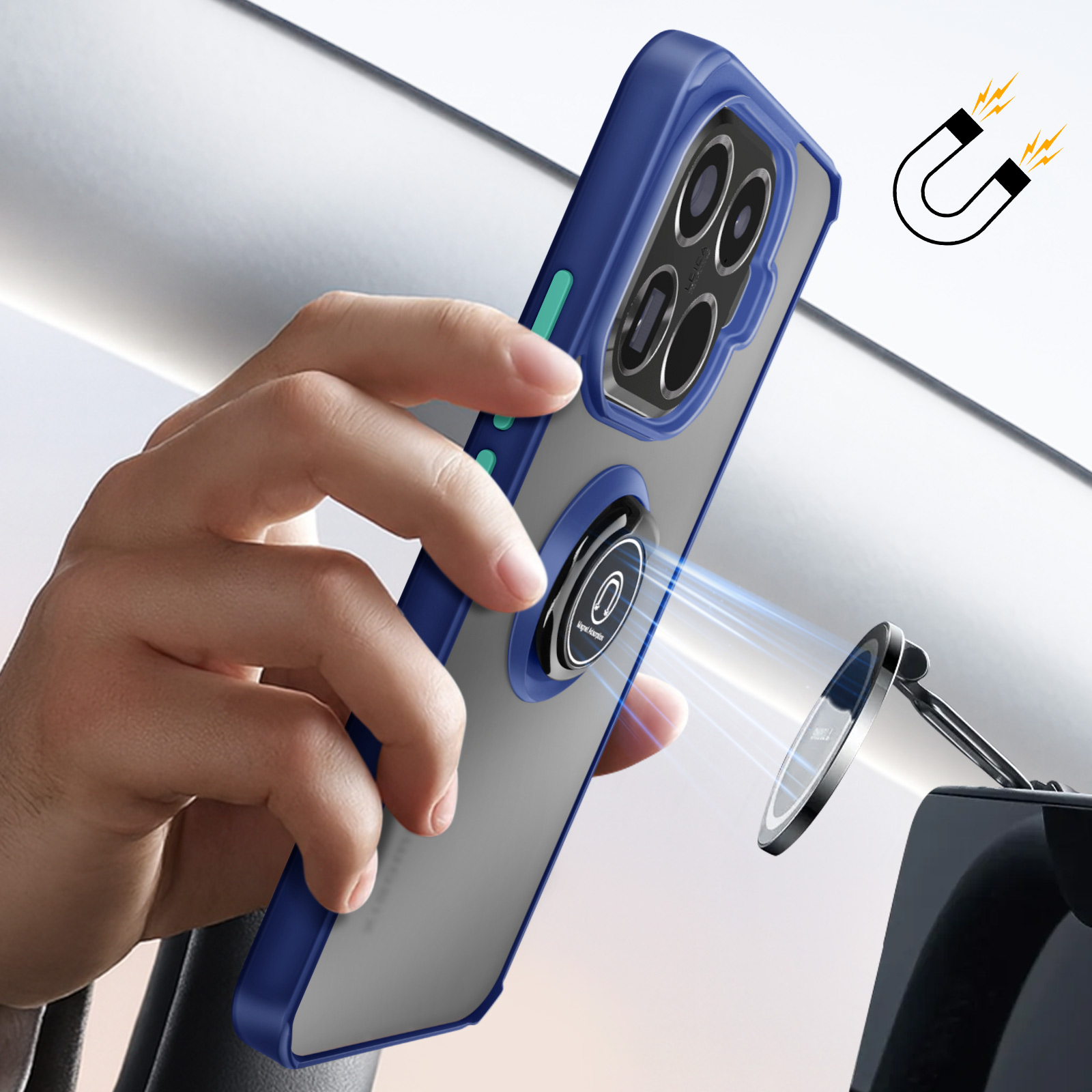 Hand houdt telefoon met blauwe hoes, magnetische ring en magnetische houder vast.