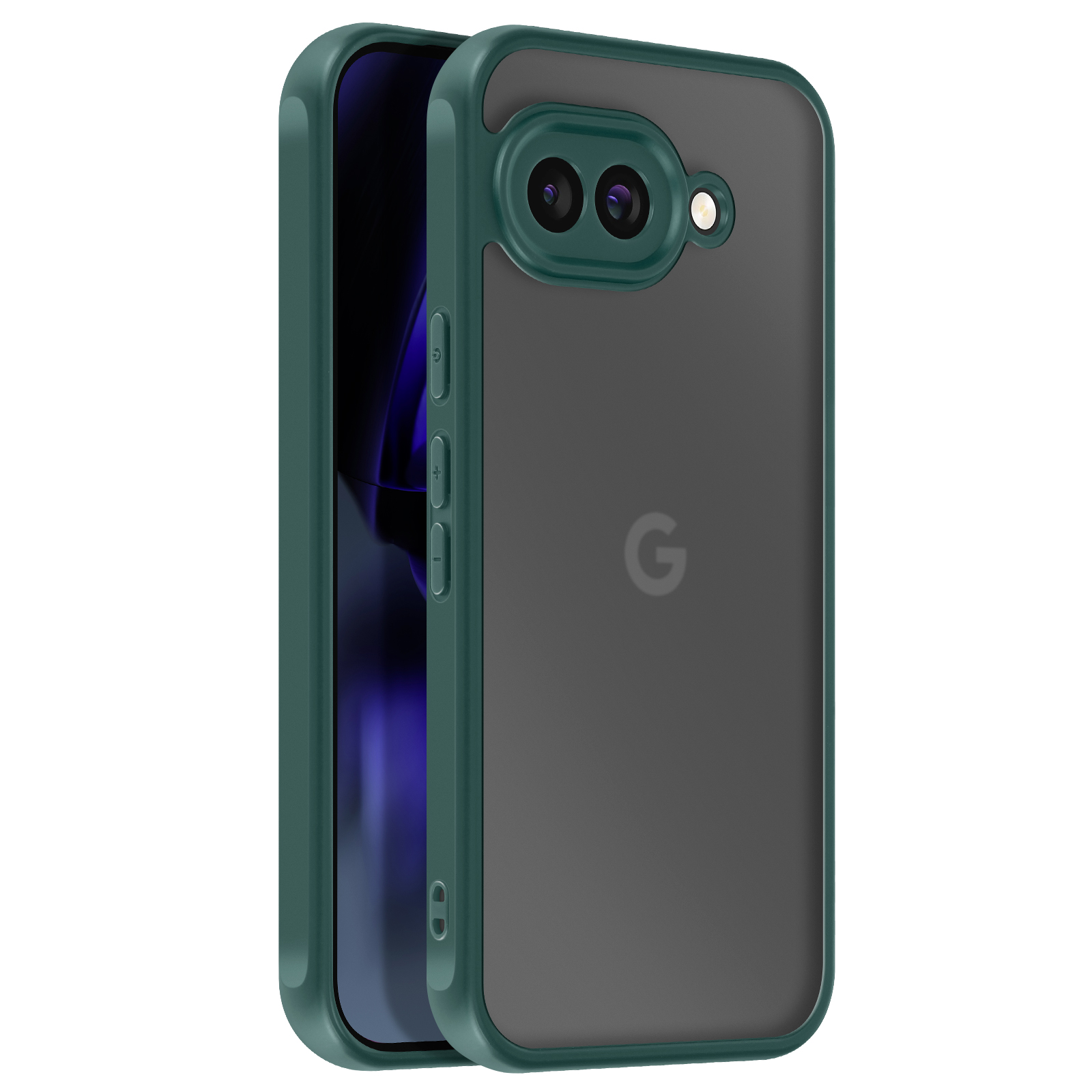 Dunkelgrüne Hülle für ein Smartphone mit zwei Kameras und Google-Logo.