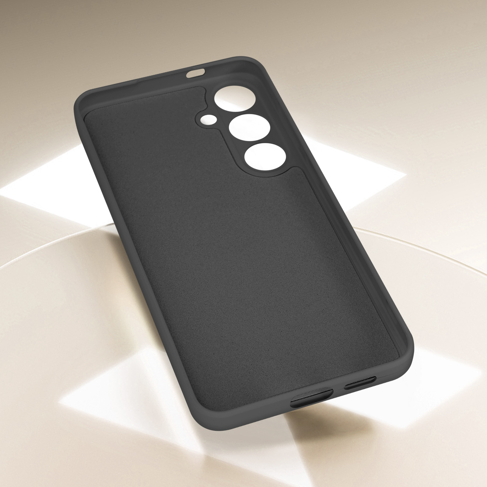 Custodia grigio scuro per telefono con ritagli per fotocamere e pulsanti.