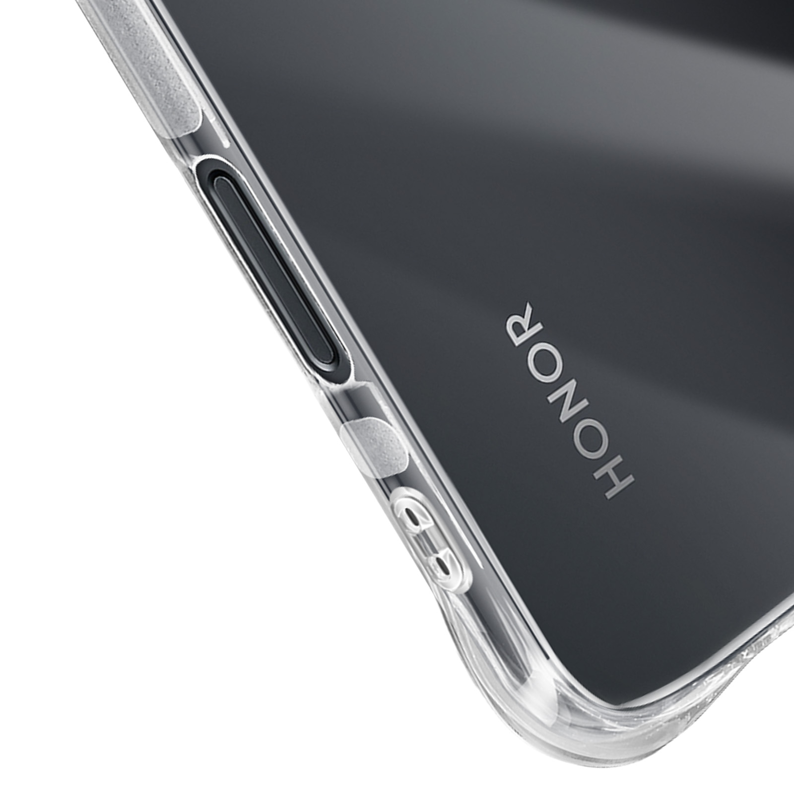 Een doorzichtige telefoonhoes met het HONOR-logo op de achterkant.