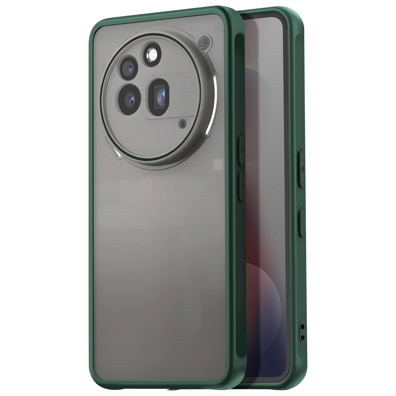Donkergroene telefoonhoes met transparante achterkant en drievoudige cameralens.