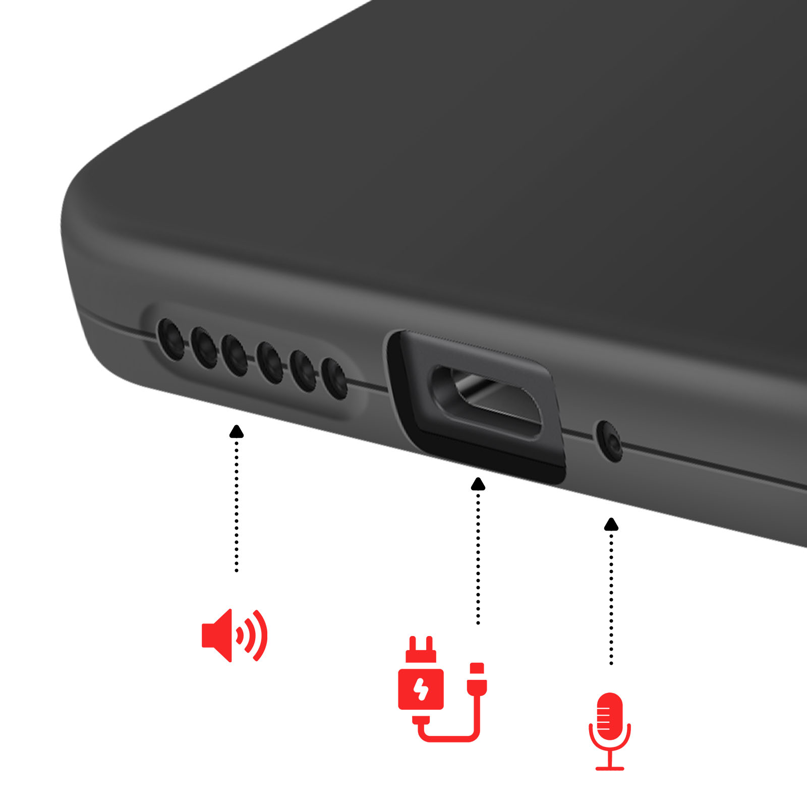 Detailansicht eines schwarzen Smartphones mit Lautsprecher-, Lade- und Mikrofonanschlüssen.