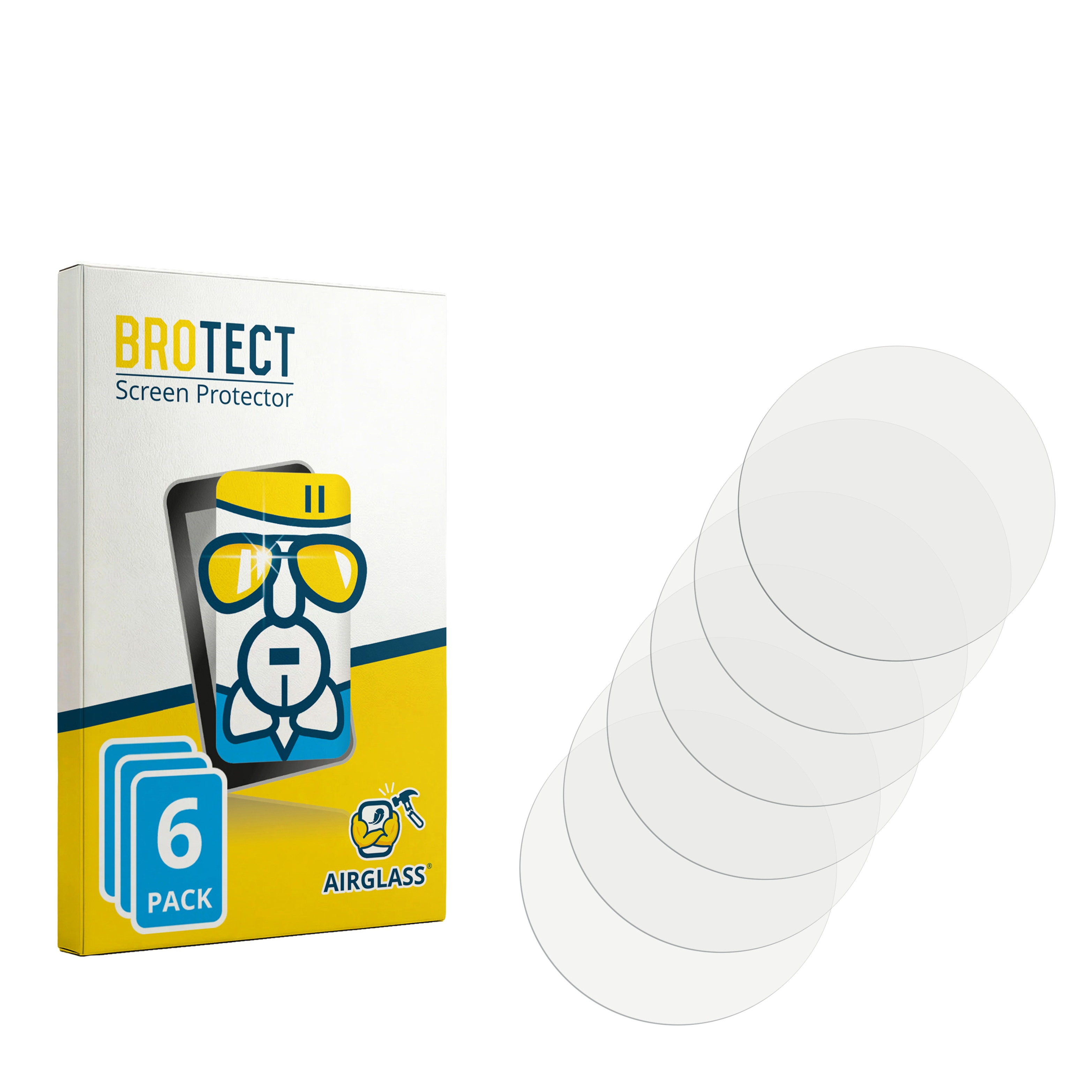 Verpackung für BROTECT Displayschutzfolien und sechs runde Schutzfolien.